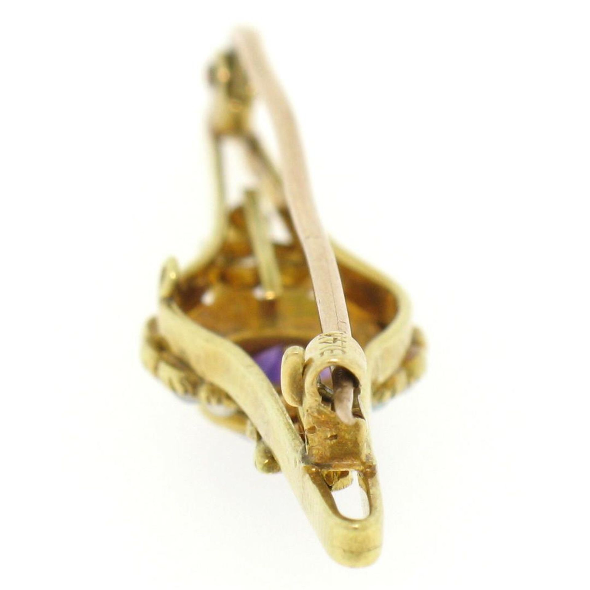 15k Yellow Gold .64 ct Old Cut Amethyst & Seed Pearl Brooch Pin - Image 4 of 8