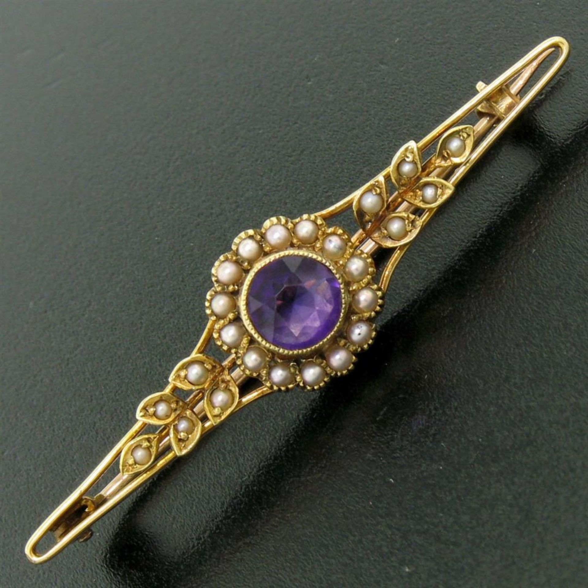 15k Yellow Gold .64 ct Old Cut Amethyst & Seed Pearl Brooch Pin - Image 2 of 8