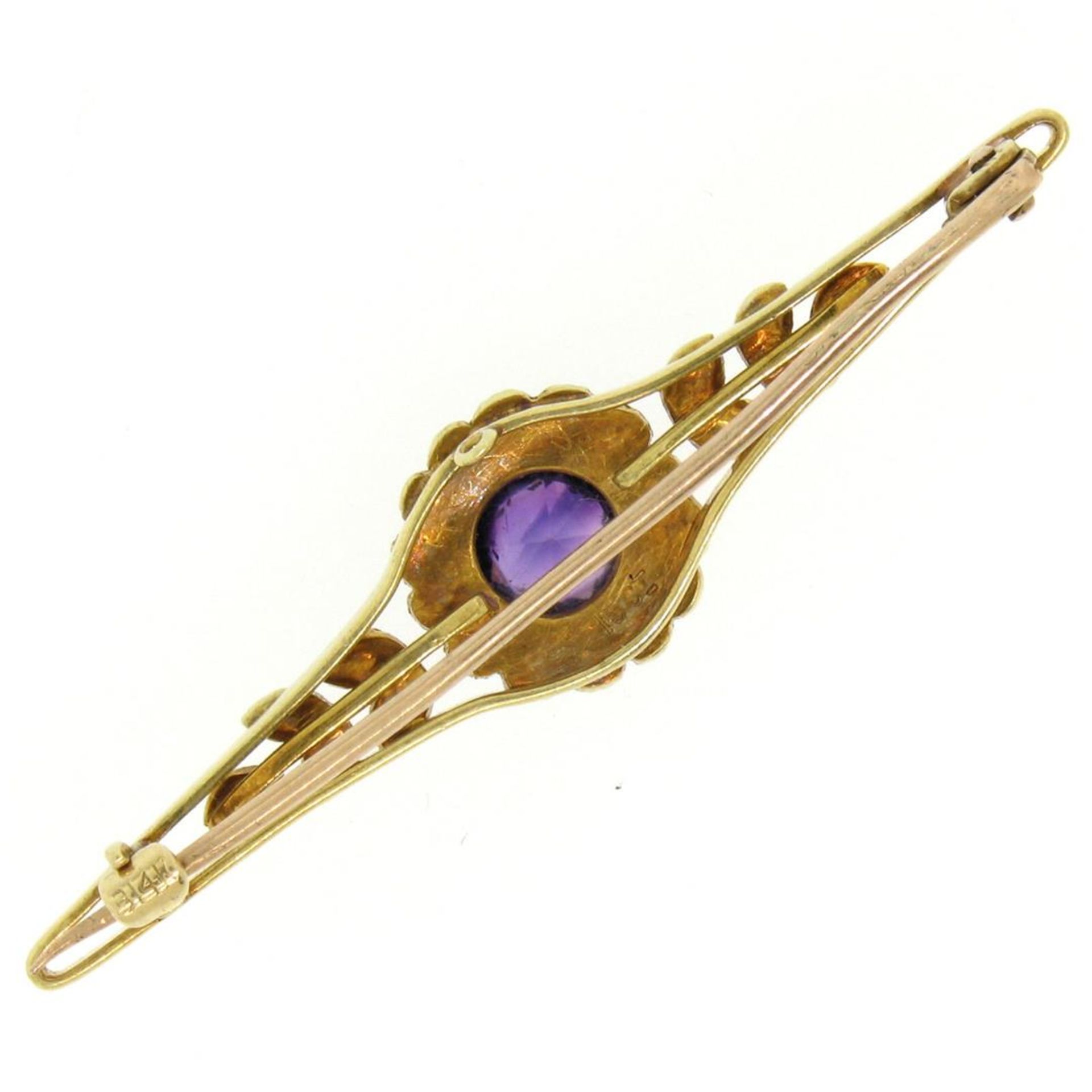 15k Yellow Gold .64 ct Old Cut Amethyst & Seed Pearl Brooch Pin - Image 3 of 8