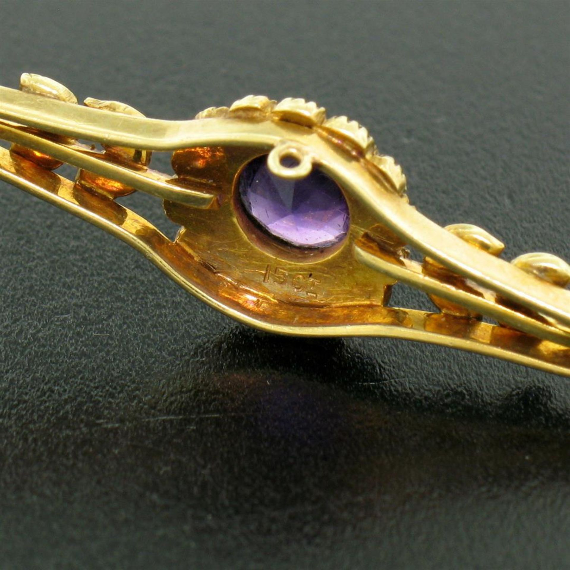 15k Yellow Gold .64 ct Old Cut Amethyst & Seed Pearl Brooch Pin - Image 7 of 8