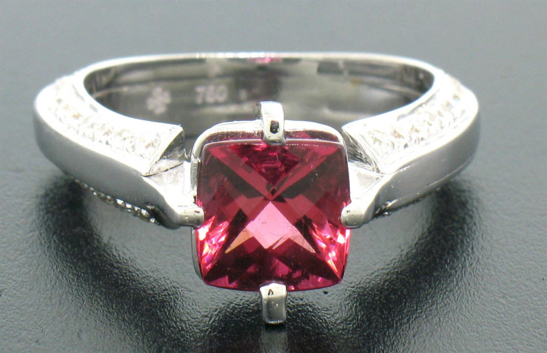 18k White Gold Cushion Rubellite Tourmaline Ring w/ 0.79ctw Pave Fine Diamonds