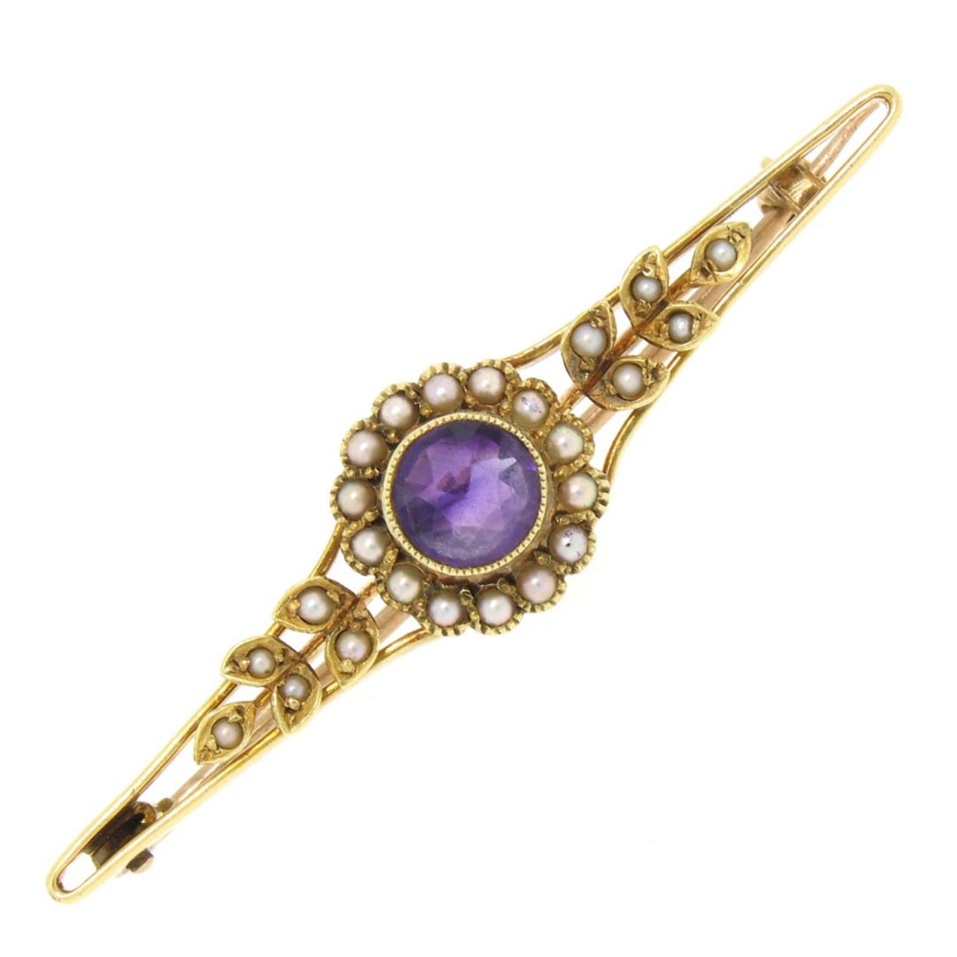 15k Yellow Gold .64 ct Old Cut Amethyst & Seed Pearl Brooch Pin