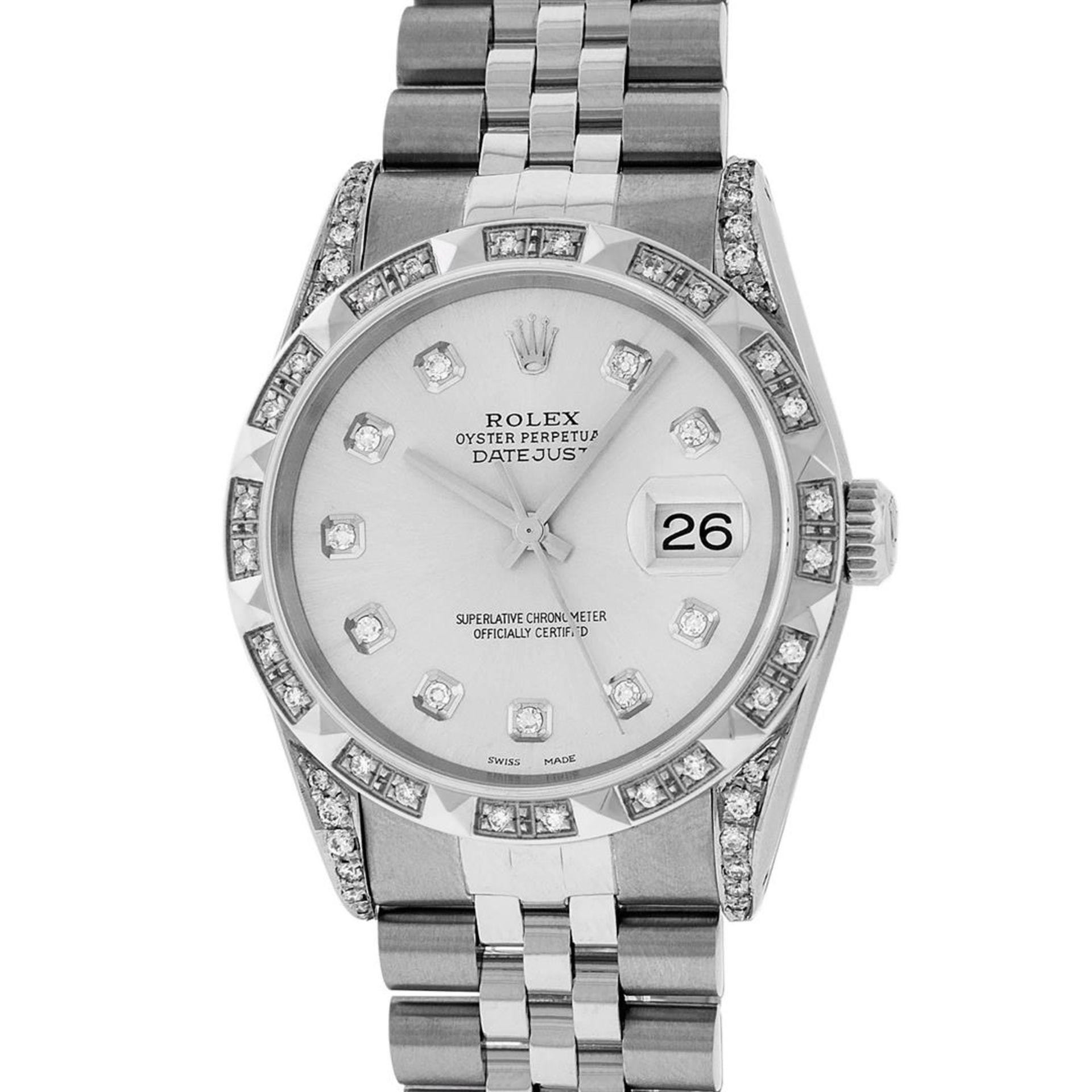 Rolex Mens Stainless Steel Diamond Lugs & Pyramid Bezel Datejust Wristwatch - Image 2 of 8