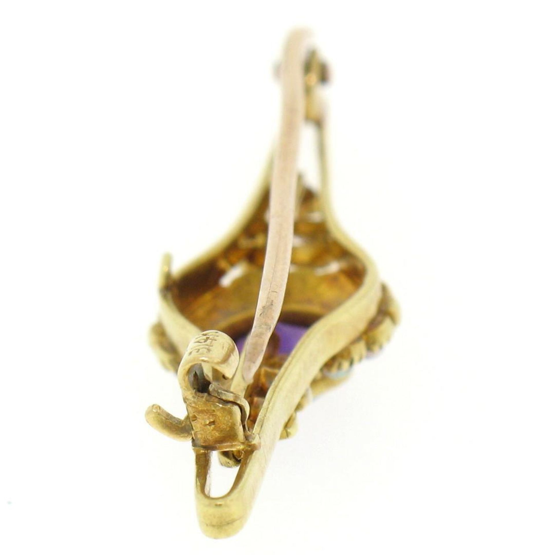 15k Yellow Gold .64 ct Old Cut Amethyst & Seed Pearl Brooch Pin - Image 5 of 8