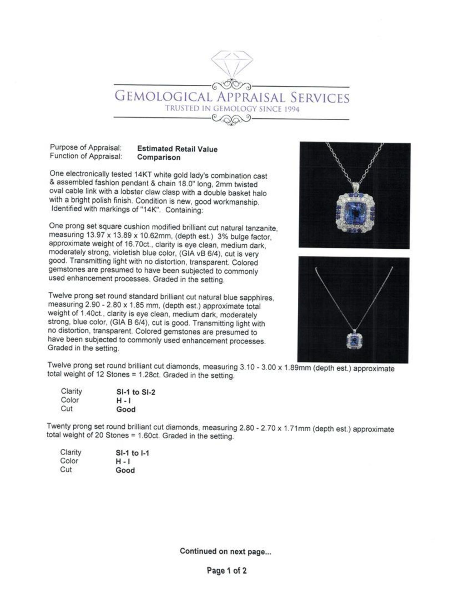 GIA Cert 16.70 ctw Tanzanite, Sapphire and Diamond Pendant - Image 3 of 5