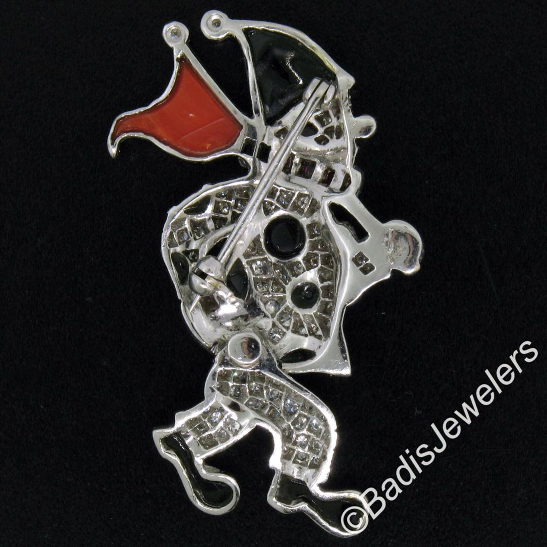 Vintage 18kt White Gold Diamond Black Onyx and Coral Clown Brooch Pin - Image 4 of 7