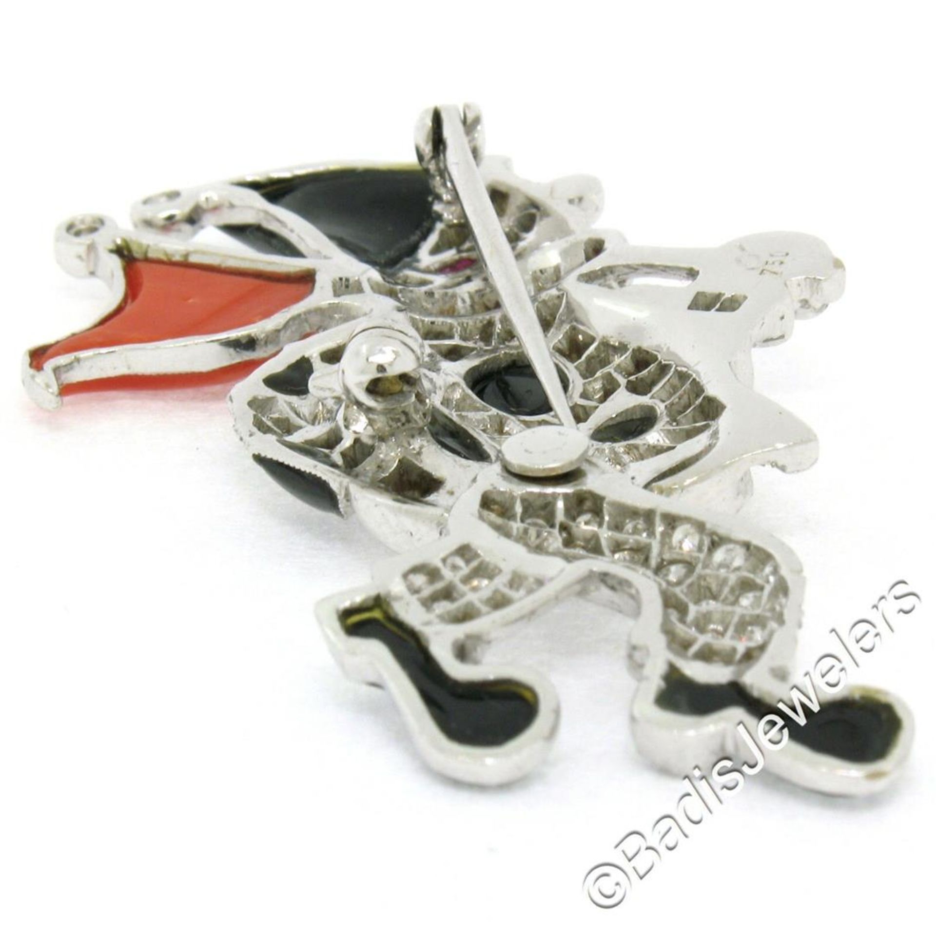 Vintage 18kt White Gold Diamond Black Onyx and Coral Clown Brooch Pin - Image 6 of 7