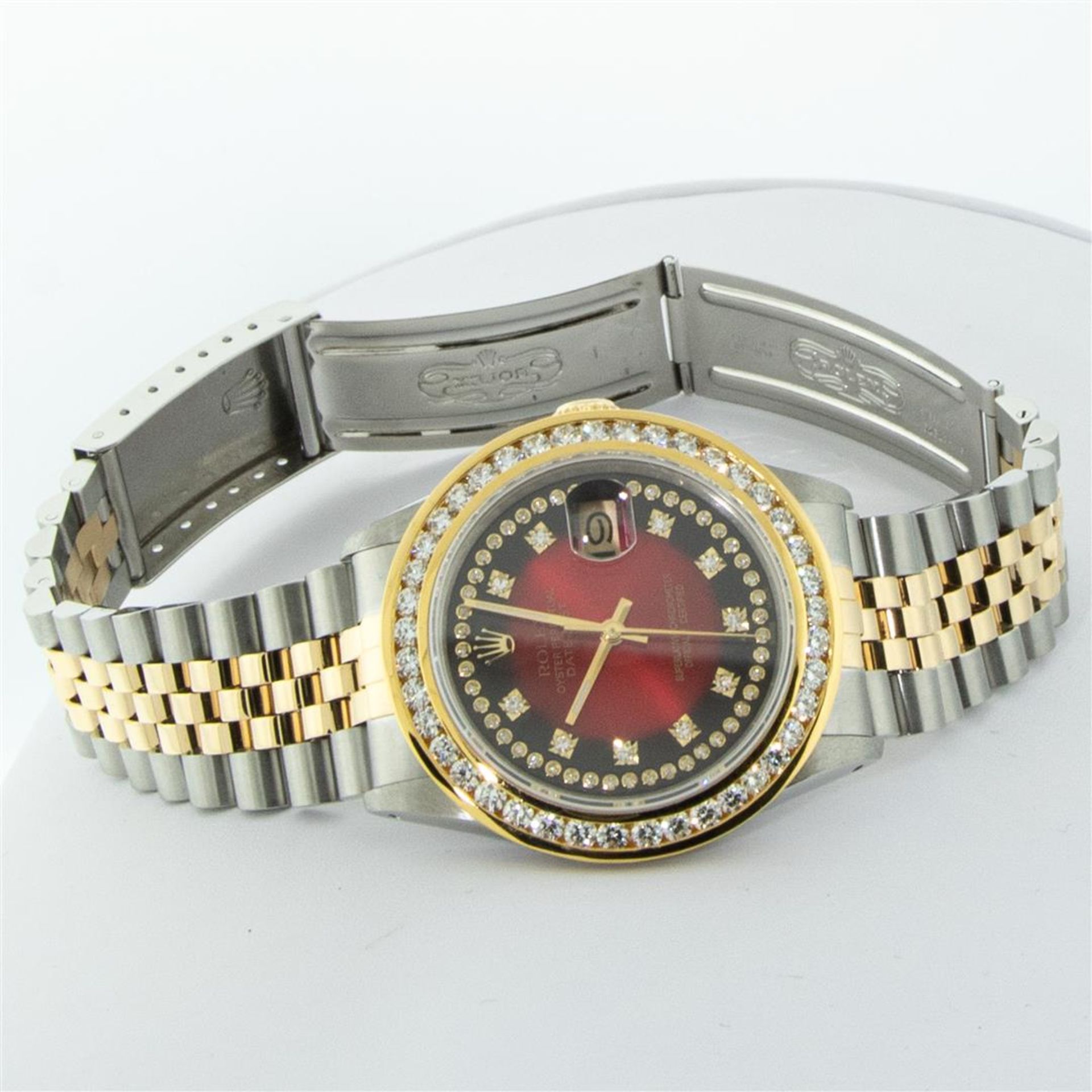 Rolex Mens 2 Tone Red Vignette String VS 3ctw Channel Set Diamond Datejust Wrist - Image 8 of 9