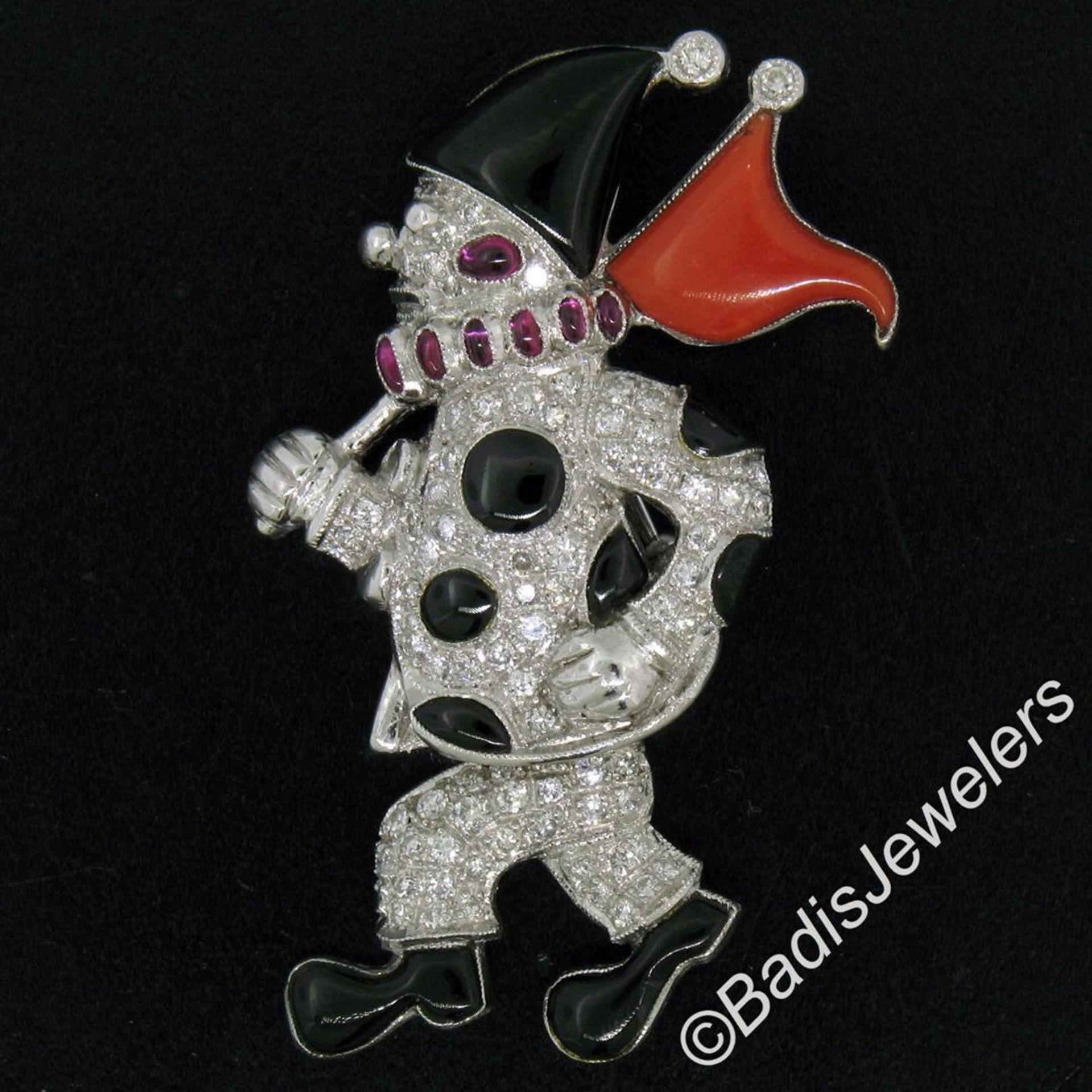 Vintage 18kt White Gold Diamond Black Onyx and Coral Clown Brooch Pin - Image 3 of 7