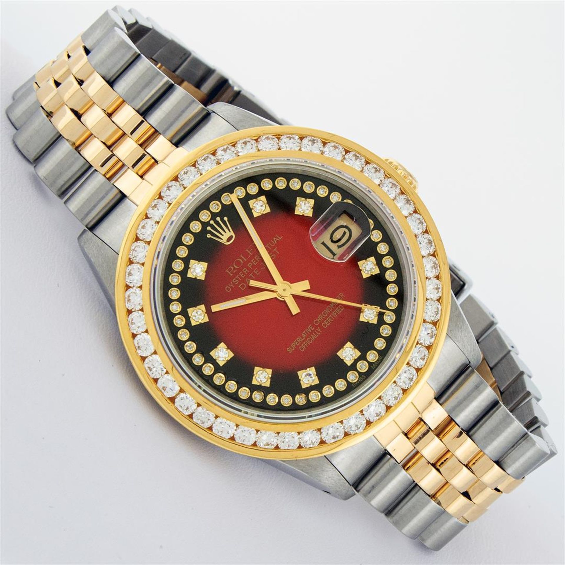 Rolex Mens 2 Tone Red Vignette String VS 3ctw Channel Set Diamond Datejust Wrist - Image 3 of 9