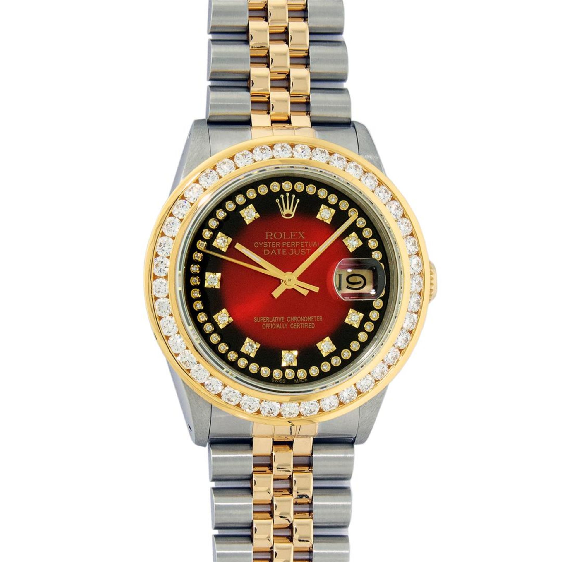 Rolex Mens 2 Tone Red Vignette String VS 3ctw Channel Set Diamond Datejust Wrist - Image 2 of 9