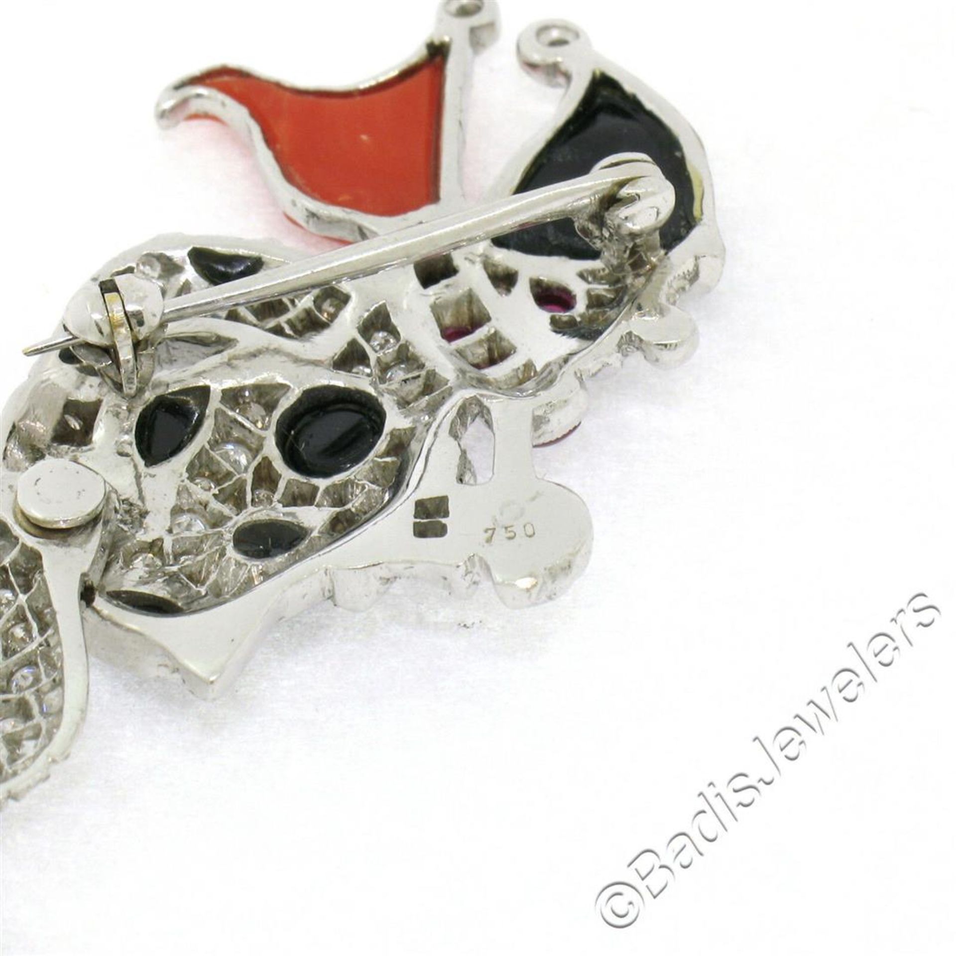 Vintage 18kt White Gold Diamond Black Onyx and Coral Clown Brooch Pin - Image 7 of 7
