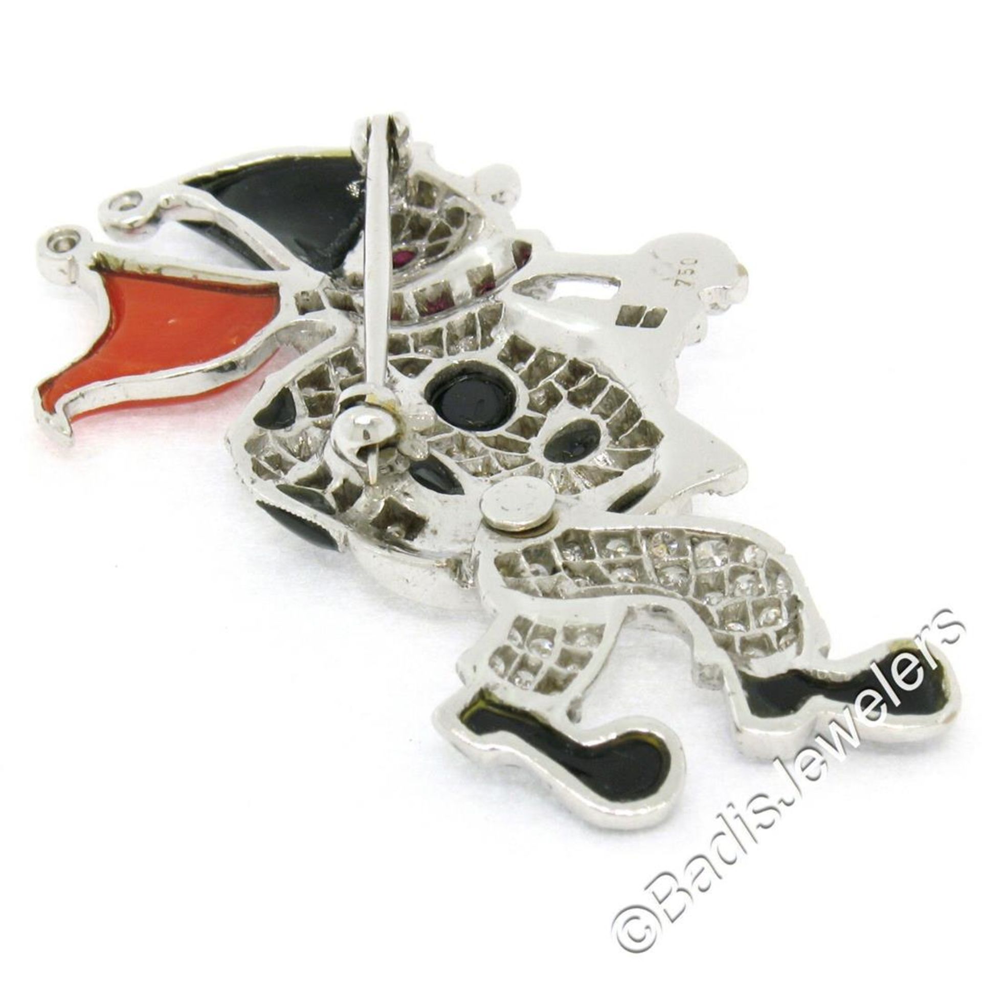Vintage 18kt White Gold Diamond Black Onyx and Coral Clown Brooch Pin - Image 5 of 7