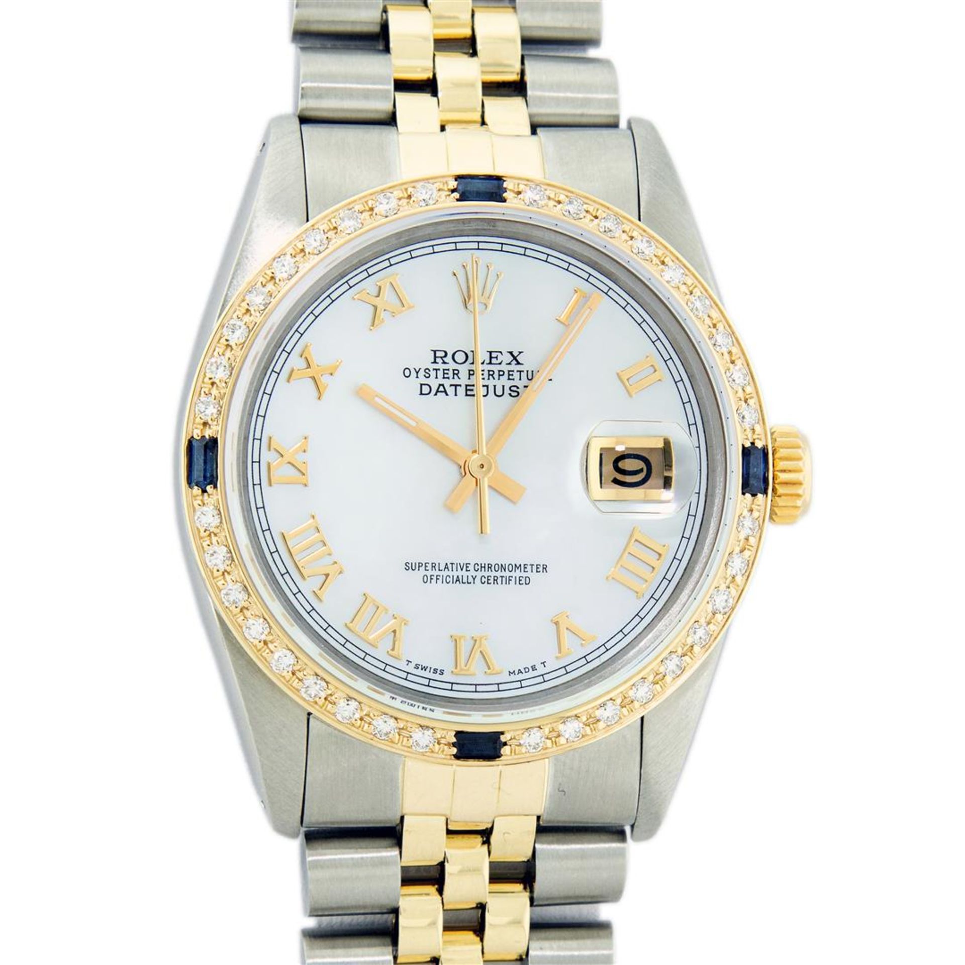 Rolex Mens 2 Tone Mother Of Pearl Diamond & Sapphire 36MM Datejust Wristwatch