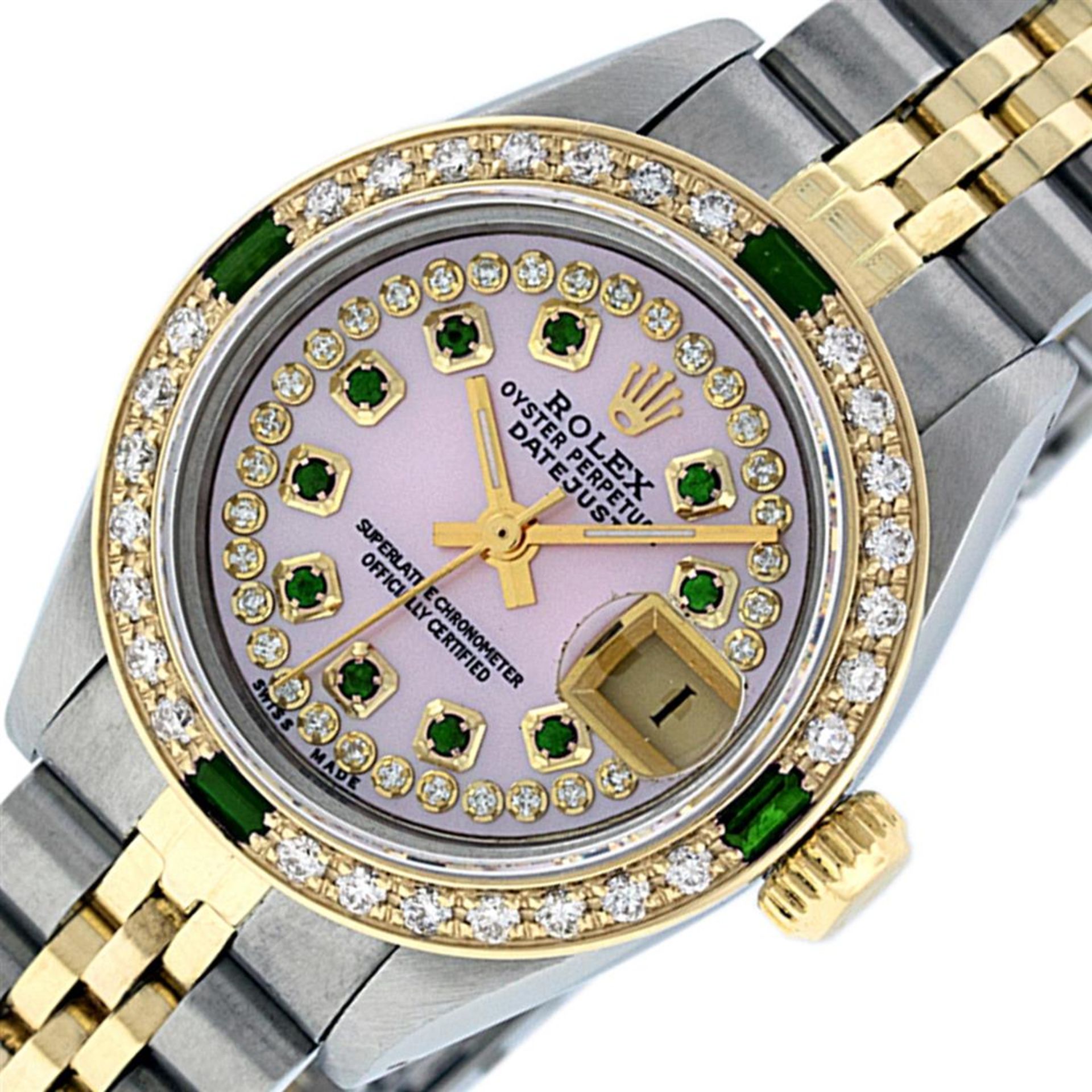 Rolex Ladies 2 Tone MOP Diamond & Emerald Oyster Perpetual Datejust Wristwatch - Image 2 of 9