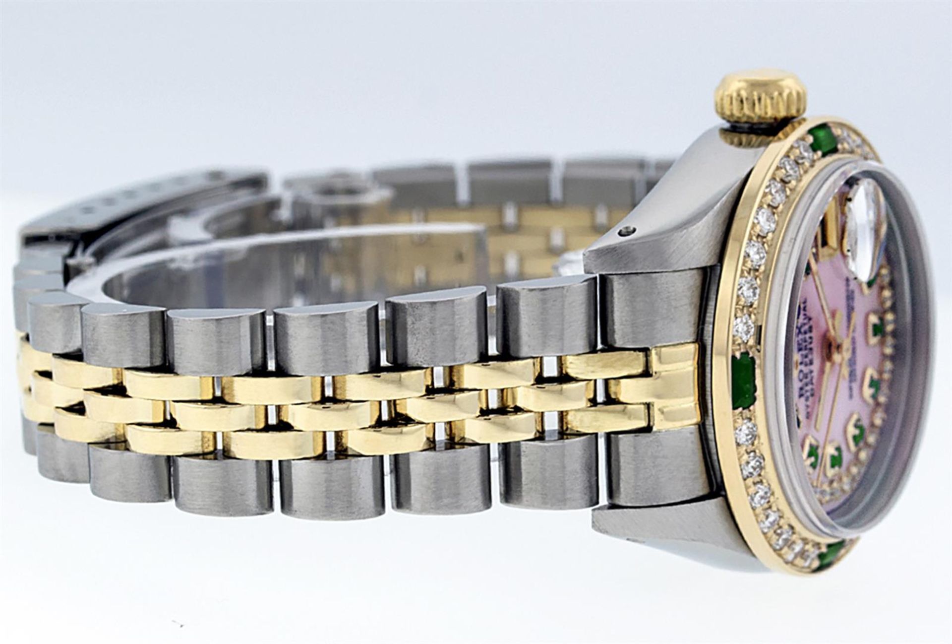 Rolex Ladies 2 Tone MOP Diamond & Emerald Oyster Perpetual Datejust Wristwatch - Image 4 of 9