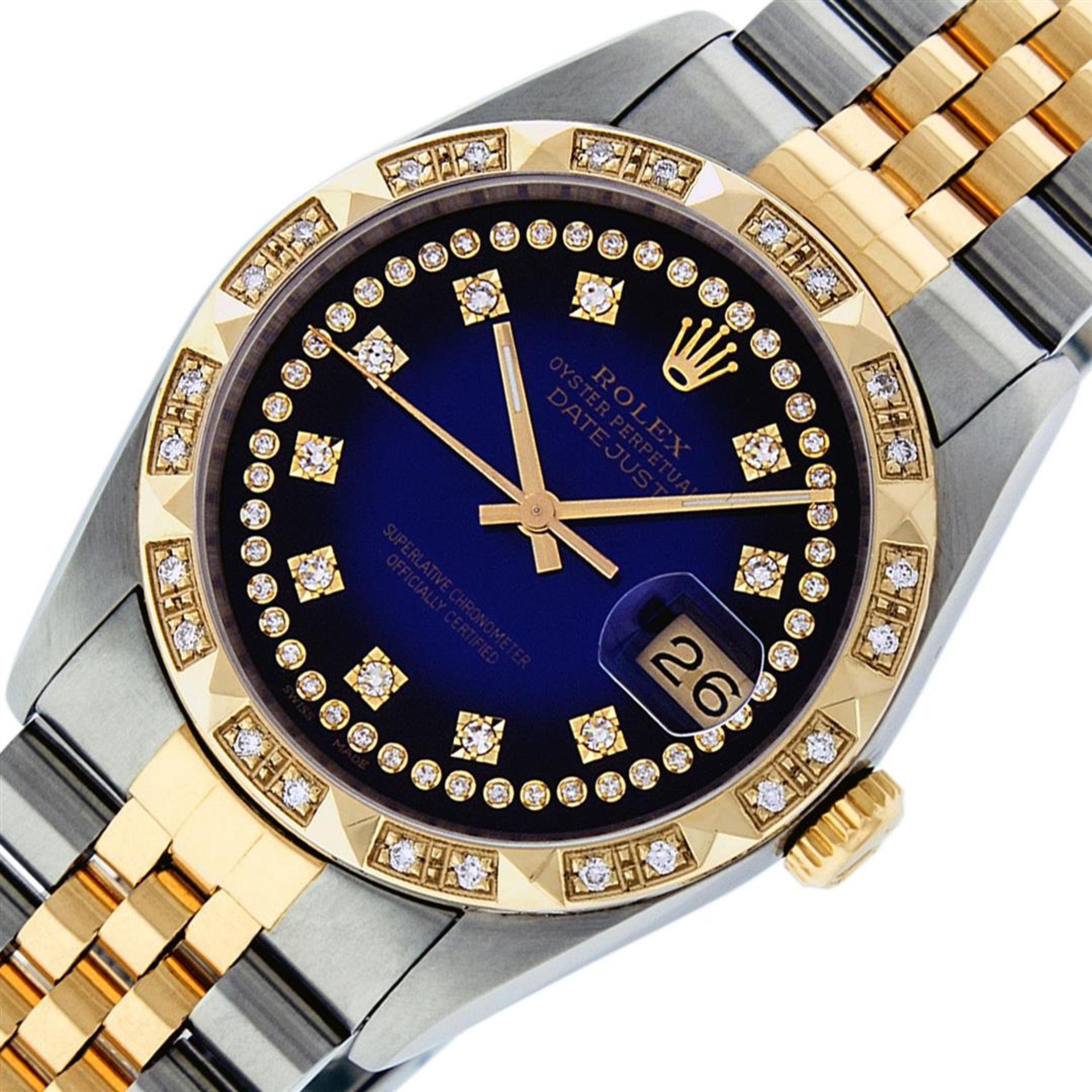 Rolex Mens 2 Tone Blue Vignette String Pyramid Diamond Datejust Wristwatch - Image 2 of 9