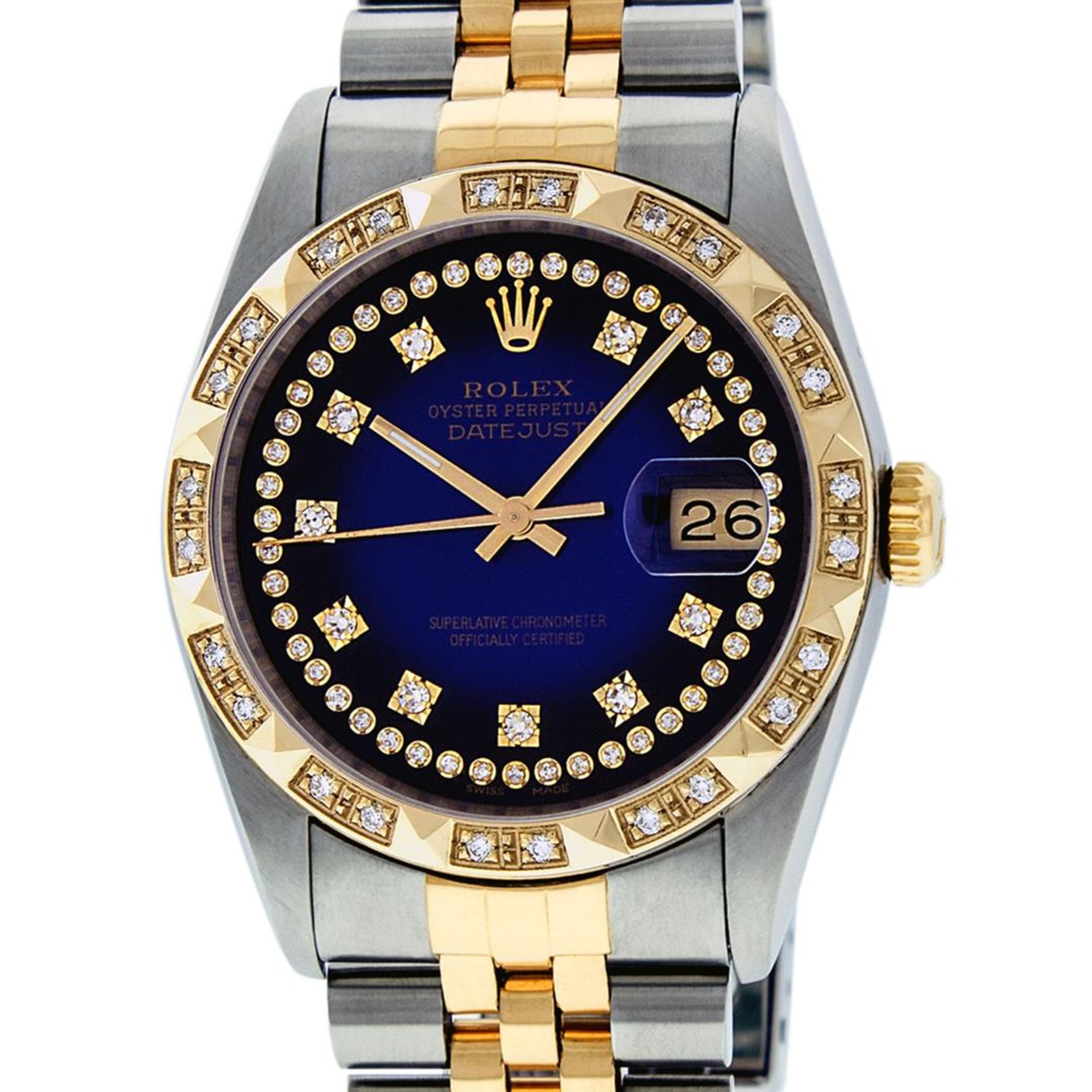 Rolex Mens 2 Tone Blue Vignette String Pyramid Diamond Datejust Wristwatch
