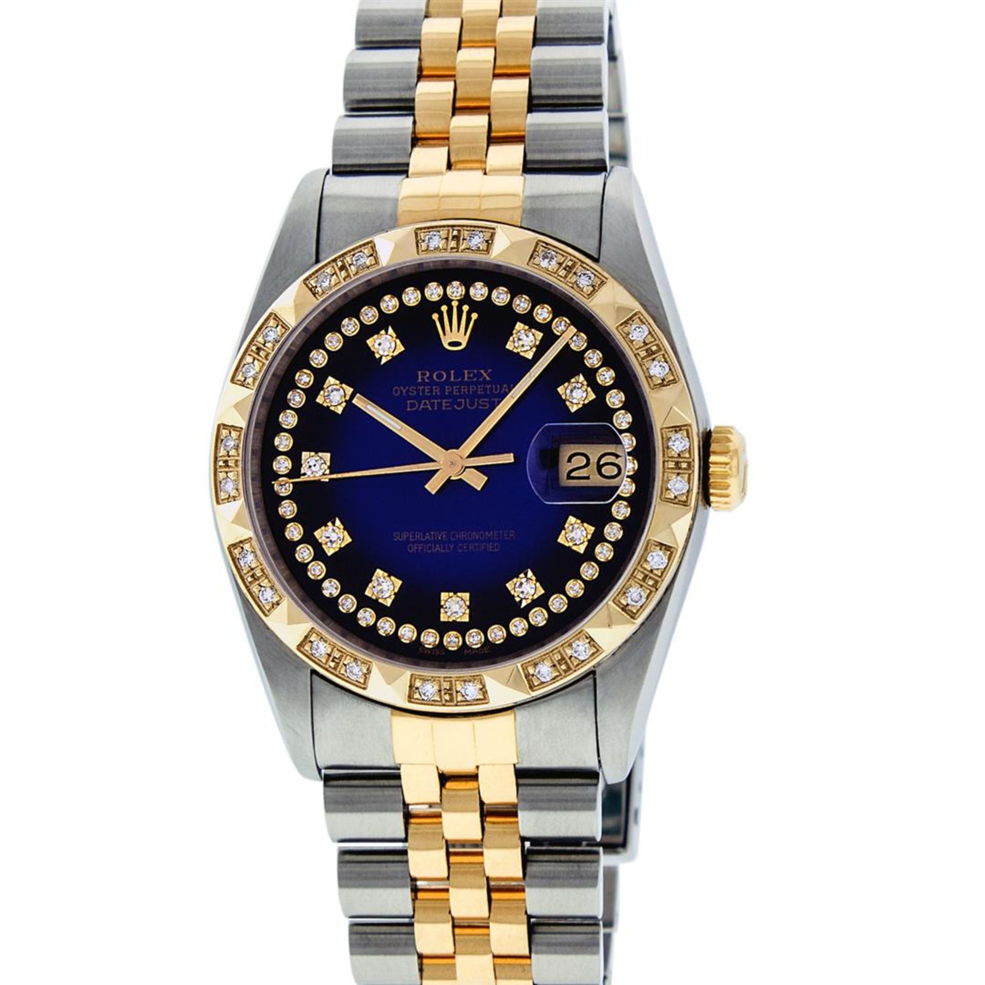 Rolex Mens 2 Tone Blue Vignette String Pyramid Diamond Datejust Wristwatch - Image 3 of 9