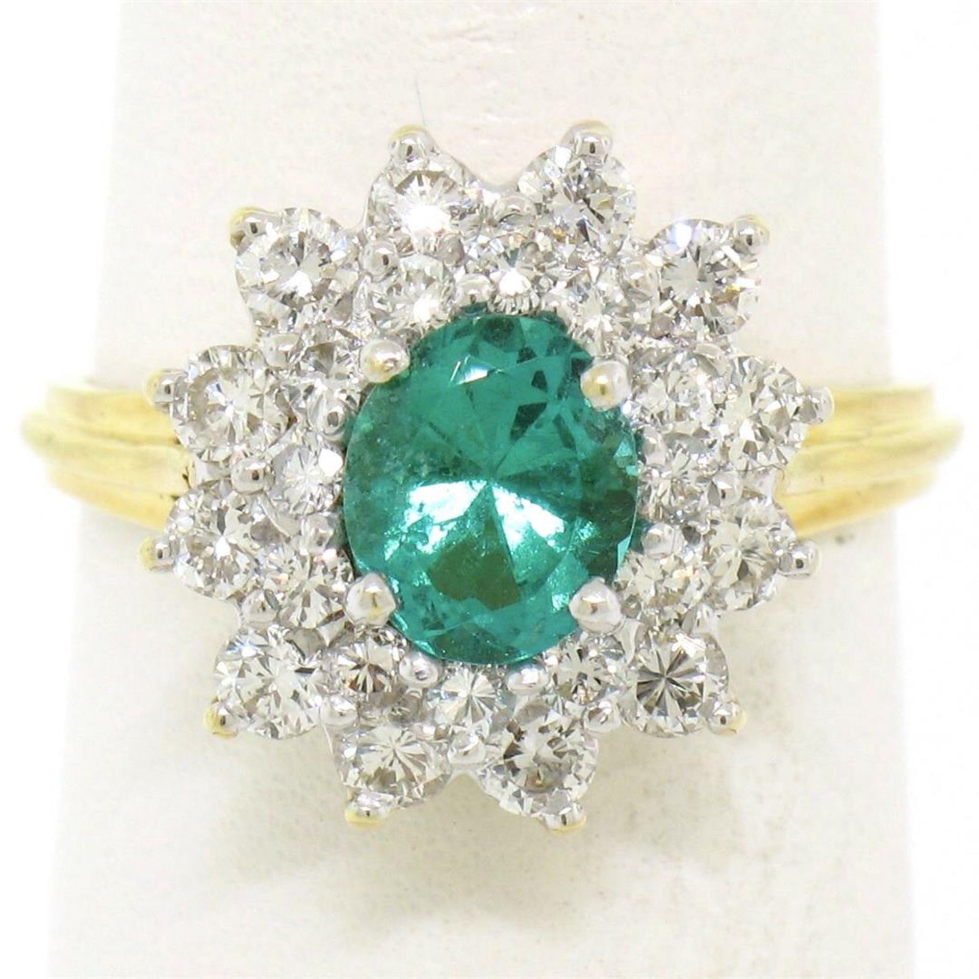 18k Yellow Gold 1.83ctw Oval Colombian Emerald Solitaire Dual Diamond Halo Ring