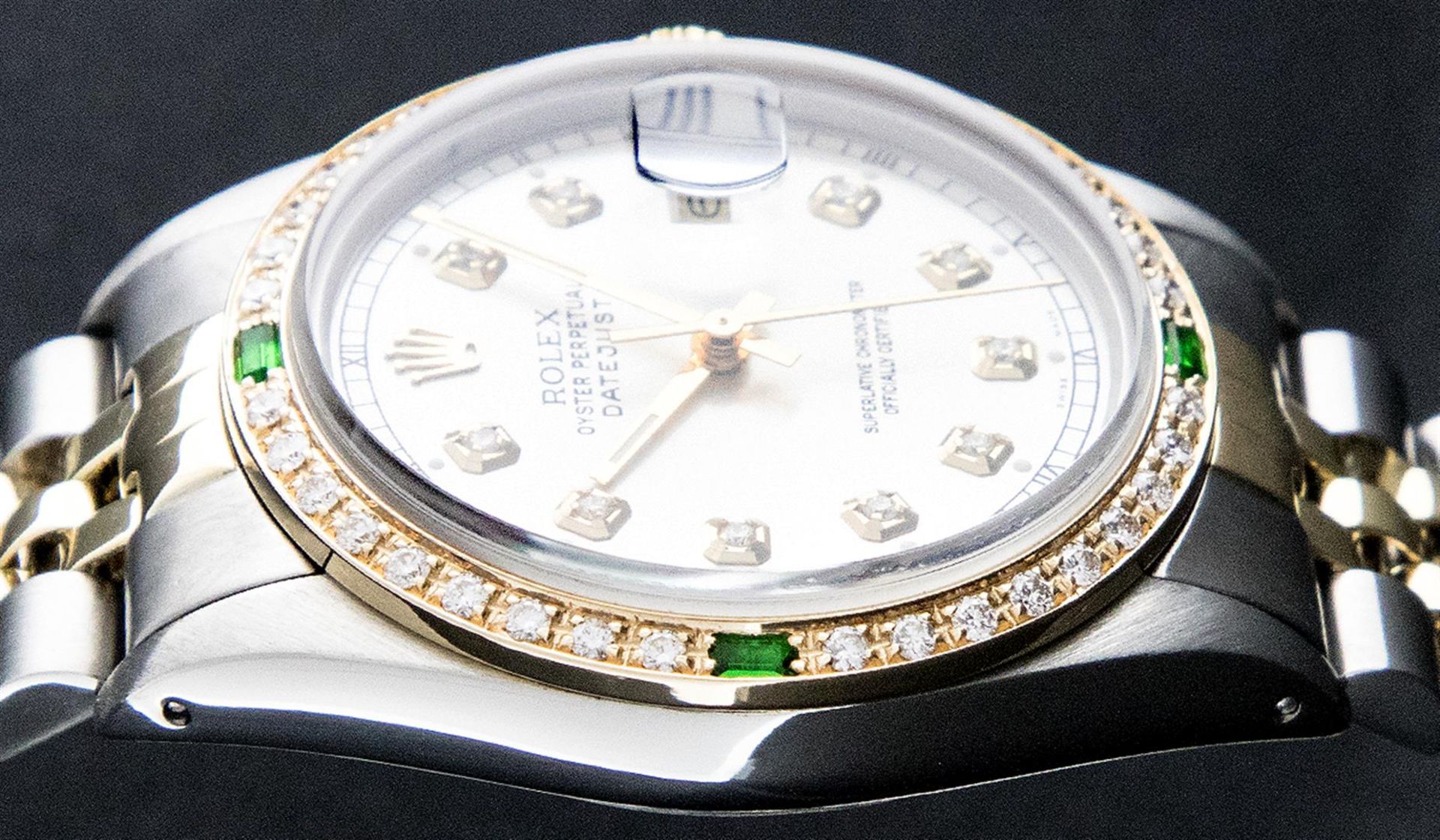 Rolex Mens 2 Tone Silver & Emerald Diamond 36 Oyster Perpetual Datejust Wriswatc - Image 3 of 9