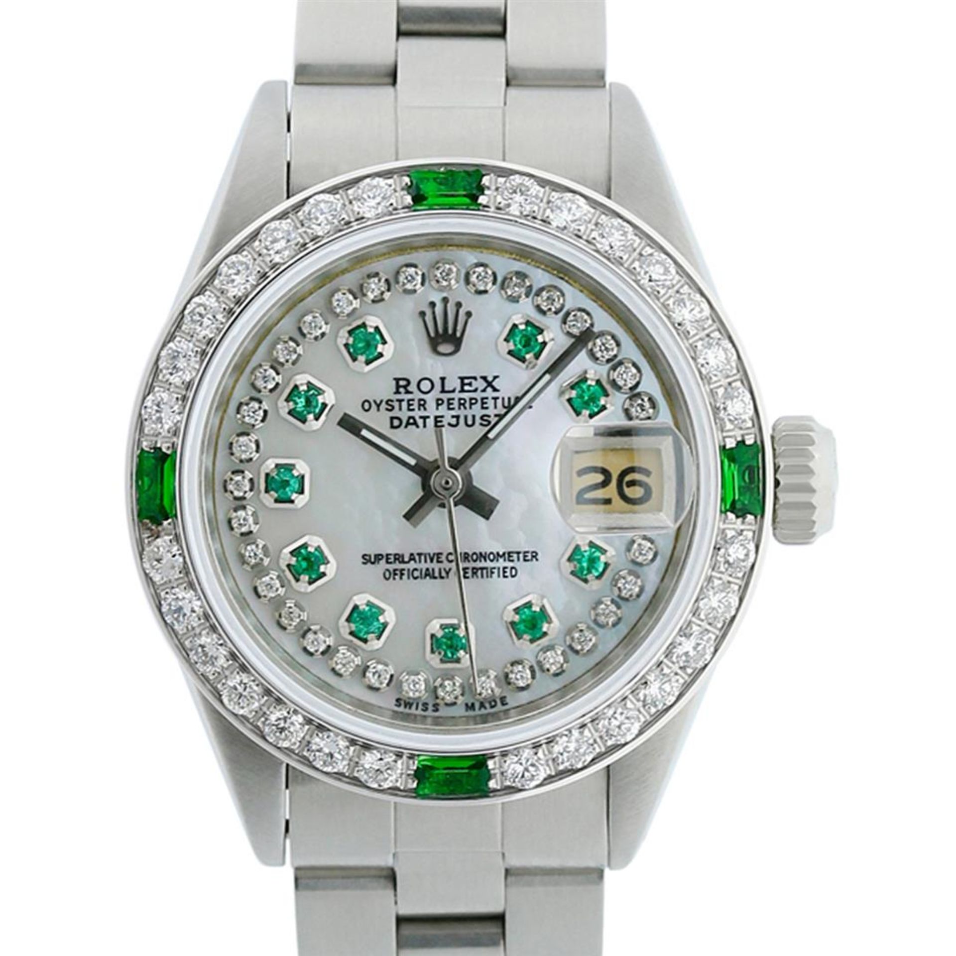 Rolex Ladies Stainless Steel MOP Emerald & Diamond Oyster Perpetaul Datejust Wri - Image 5 of 9