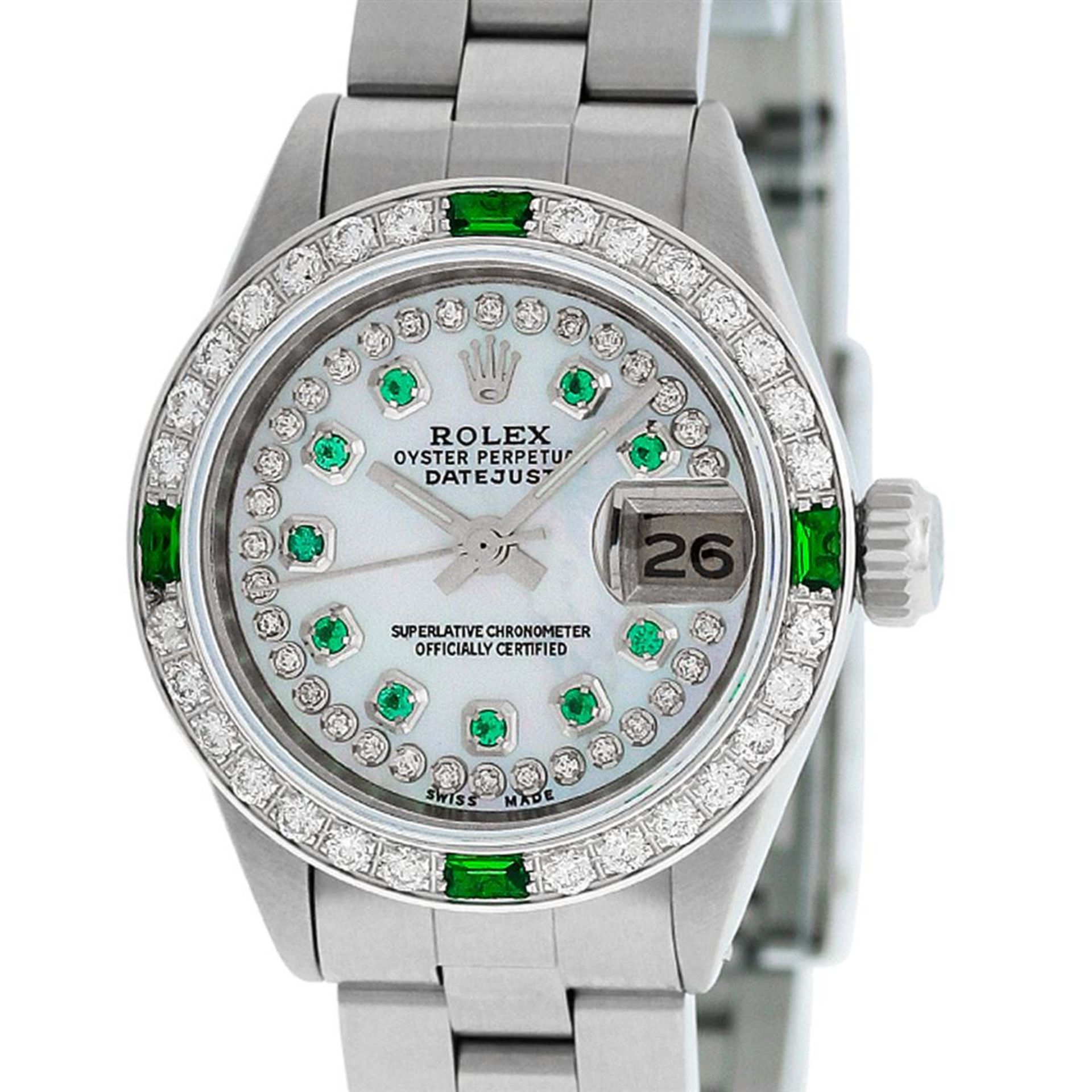 Rolex Ladies Stainless Steel MOP Emerald & Diamond Oyster Perpetaul Datejust Wri - Image 4 of 9