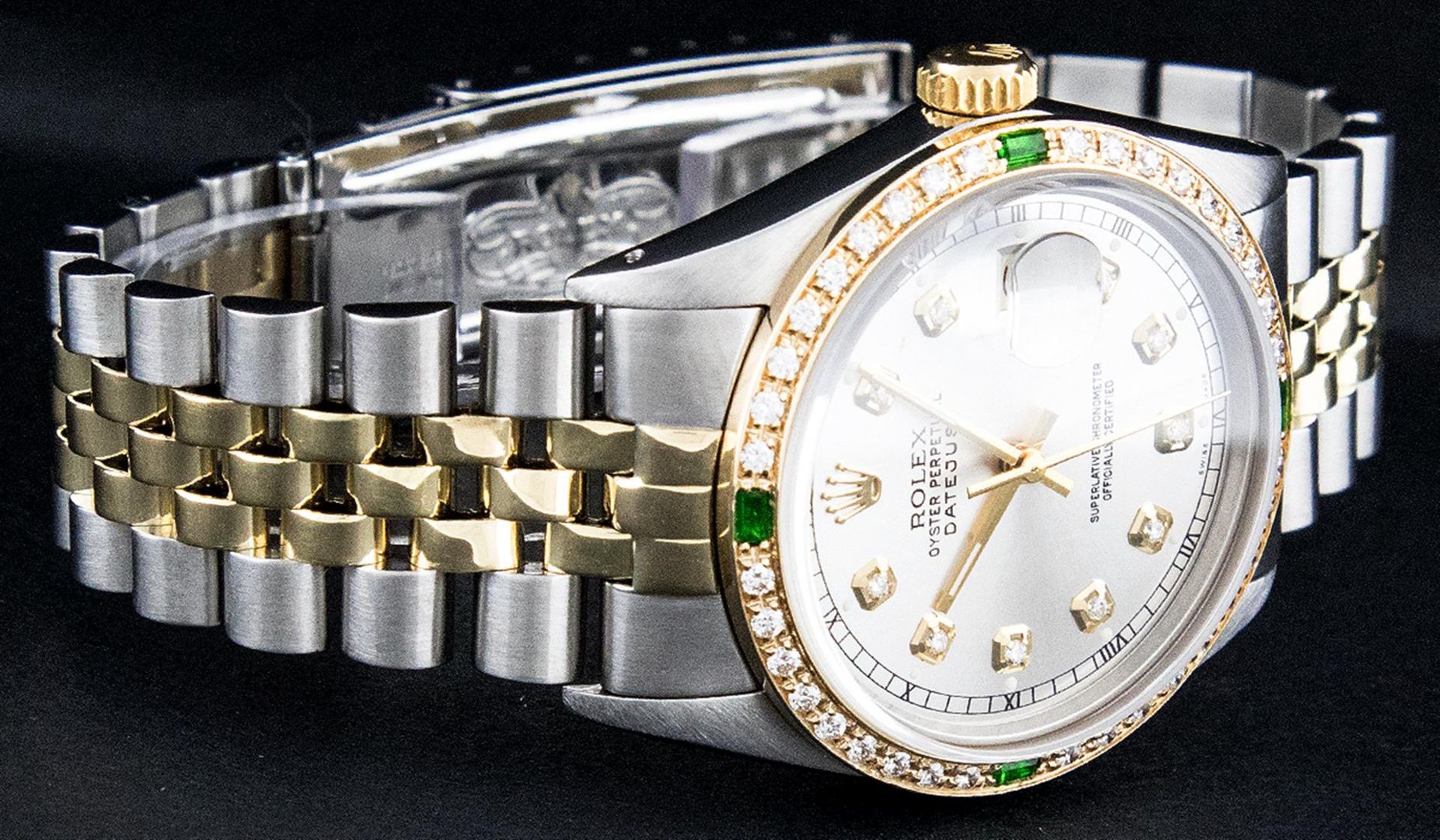 Rolex Mens 2 Tone Silver & Emerald Diamond 36 Oyster Perpetual Datejust Wriswatc - Image 4 of 9