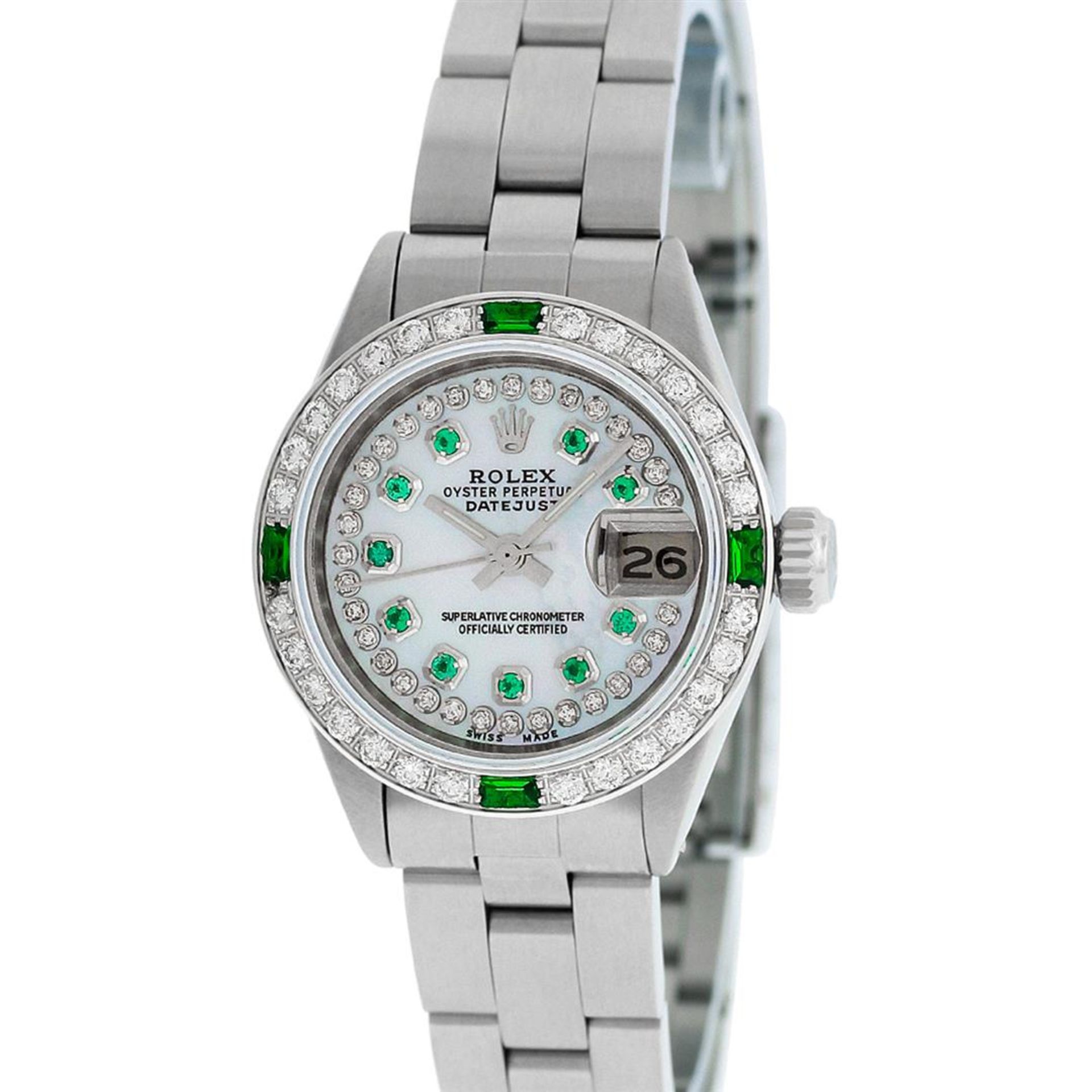 Rolex Ladies Stainless Steel MOP Emerald & Diamond Oyster Perpetaul Datejust Wri - Image 3 of 9