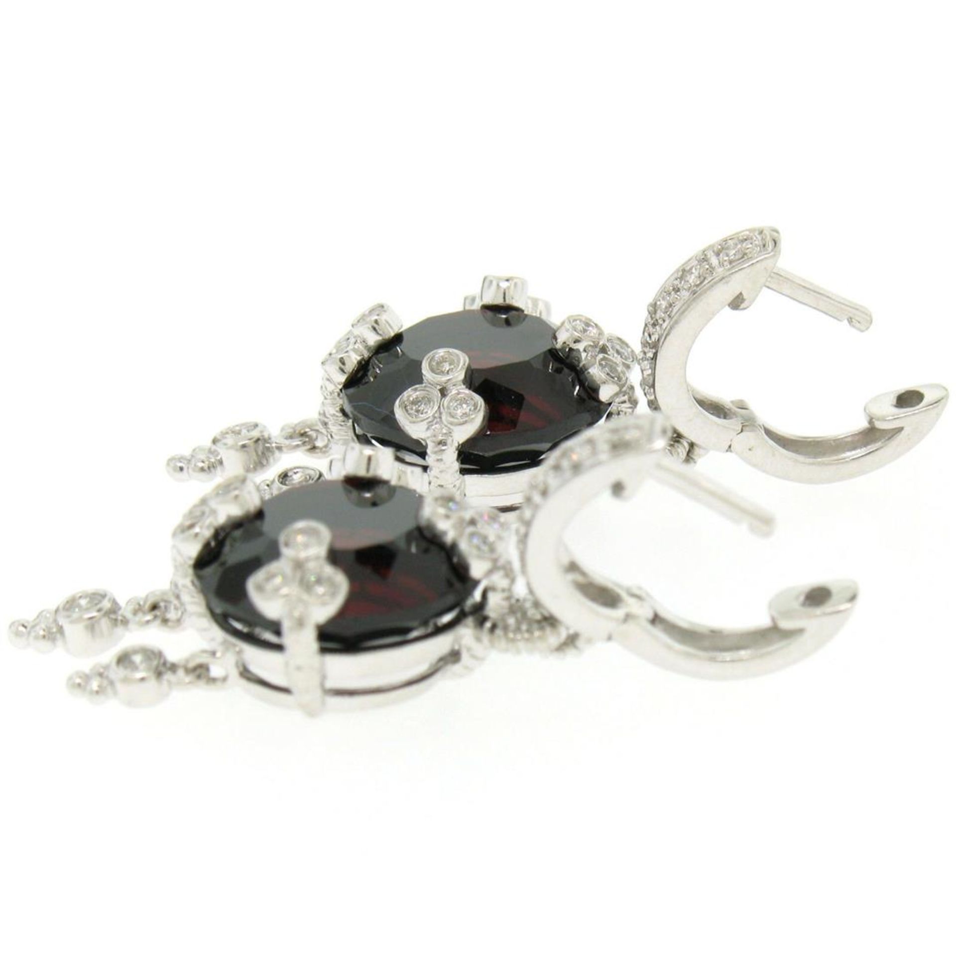 14k White Gold 11.2ctw Round Garnet Dangle Earrings w/ Brilliant Diamond Accents - Image 4 of 5