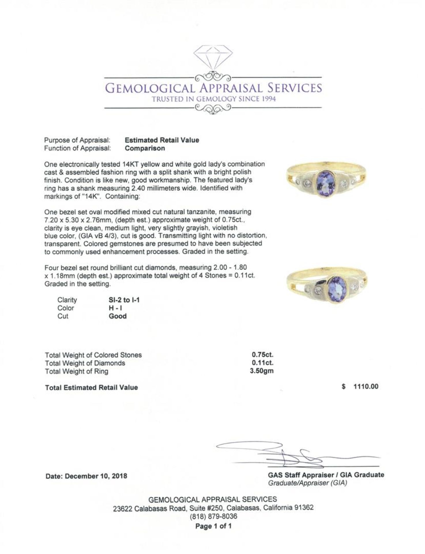 0.86 ctw Tanzanite And Diamond Ring - 14KT Yellow And White Gold - Image 5 of 5