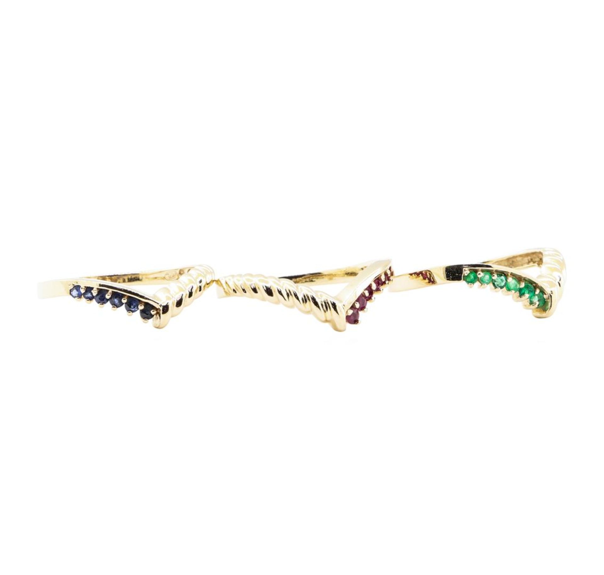 0.60 ctw Emerald, Ruby, and Sapphire Stackable Ring Set of Three - 14KT Yellow G - Image 3 of 3