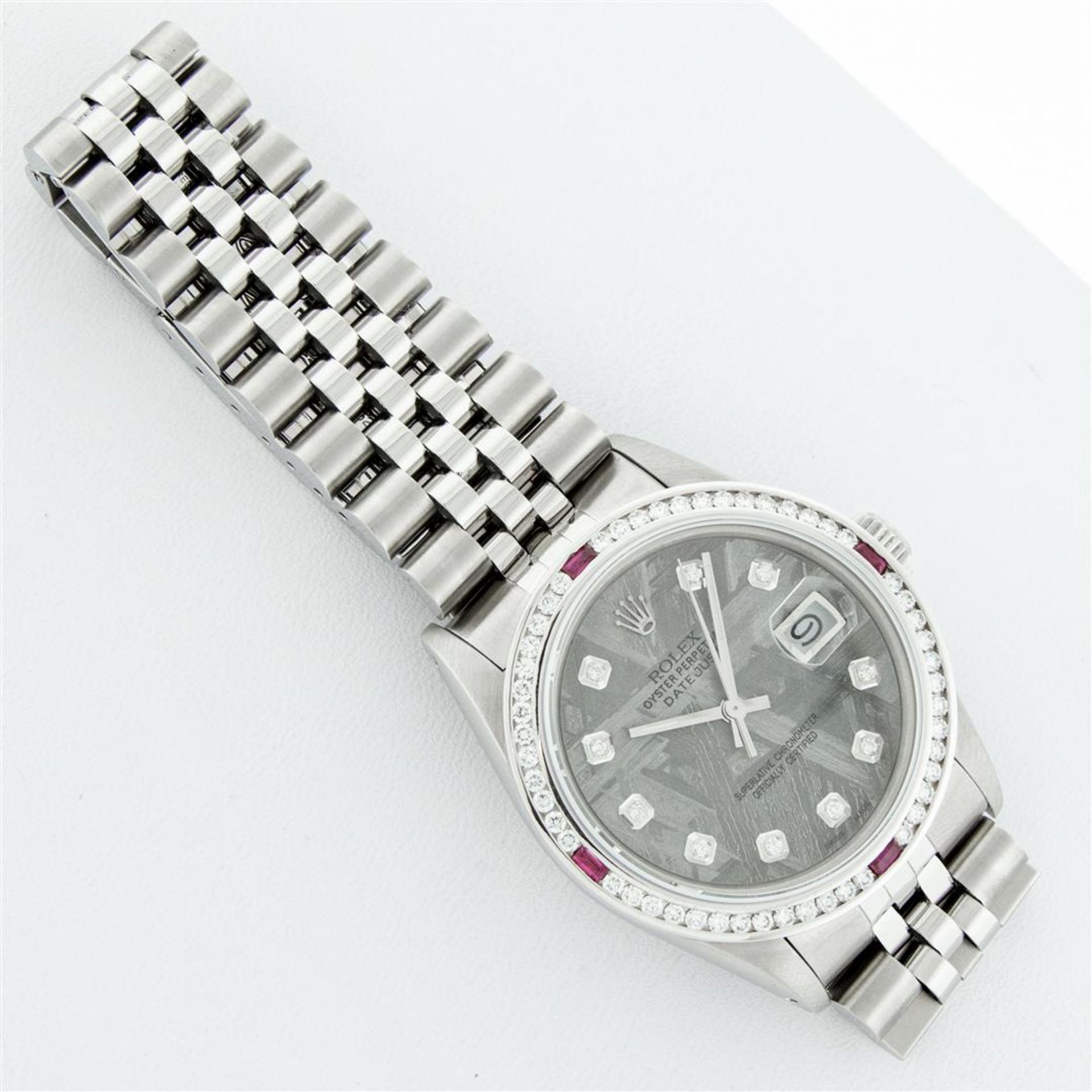 Rolex Mens SS Meteorite Diamond & Ruby Channel Set Oyster Perpetual Datejust Wri - Image 6 of 9