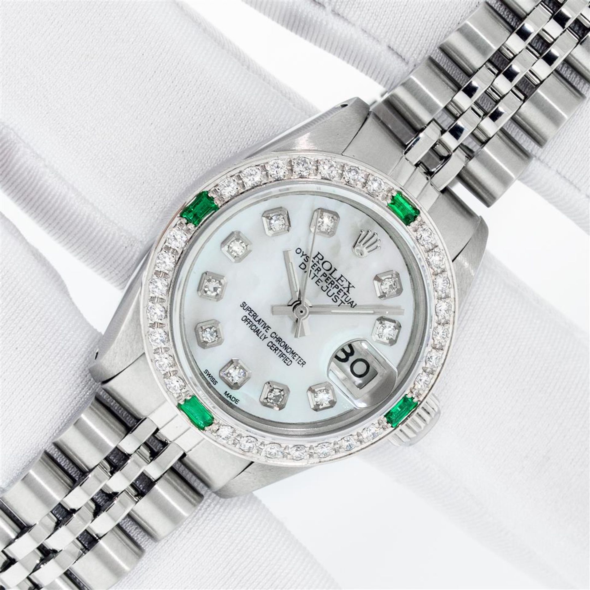 Rolex Ladies Stainless Steel Mother Of Pearl Diamond Emerald 26MM Datejust Wrist - Image 2 of 9