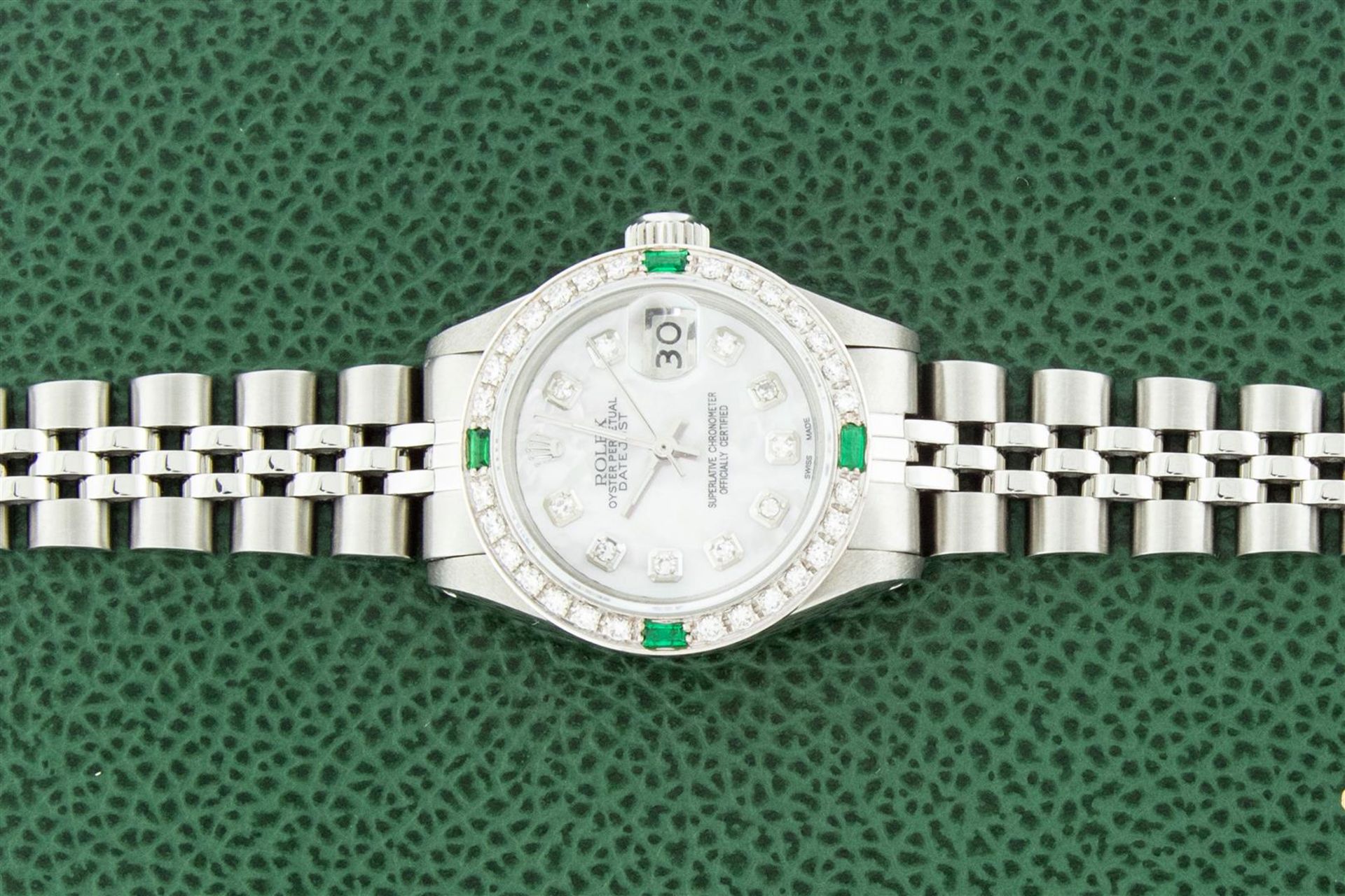 Rolex Ladies Stainless Steel Mother Of Pearl Diamond Emerald 26MM Datejust Wrist - Image 4 of 9