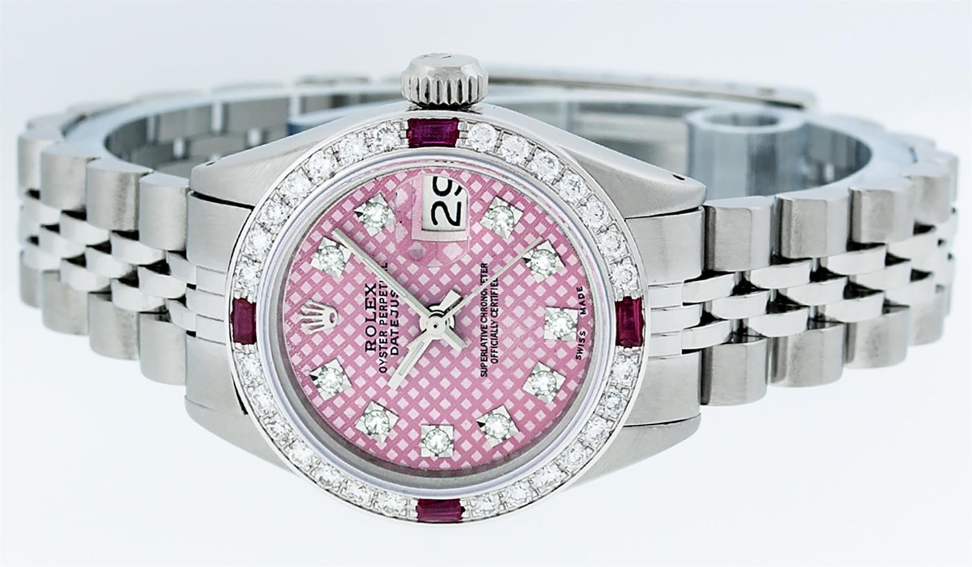 Rolex Ladies Stainless Steel Pink Stamp Diamond & Ruby Datejust Wristwatch - Image 6 of 9