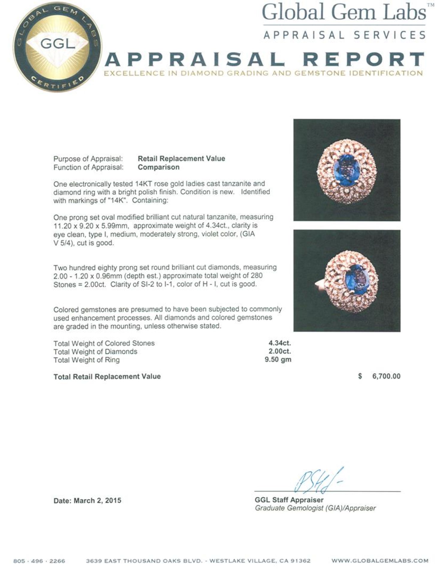 14KT Rose Gold 4.34 ctw Tanzanite and Diamond Ring - Image 5 of 5