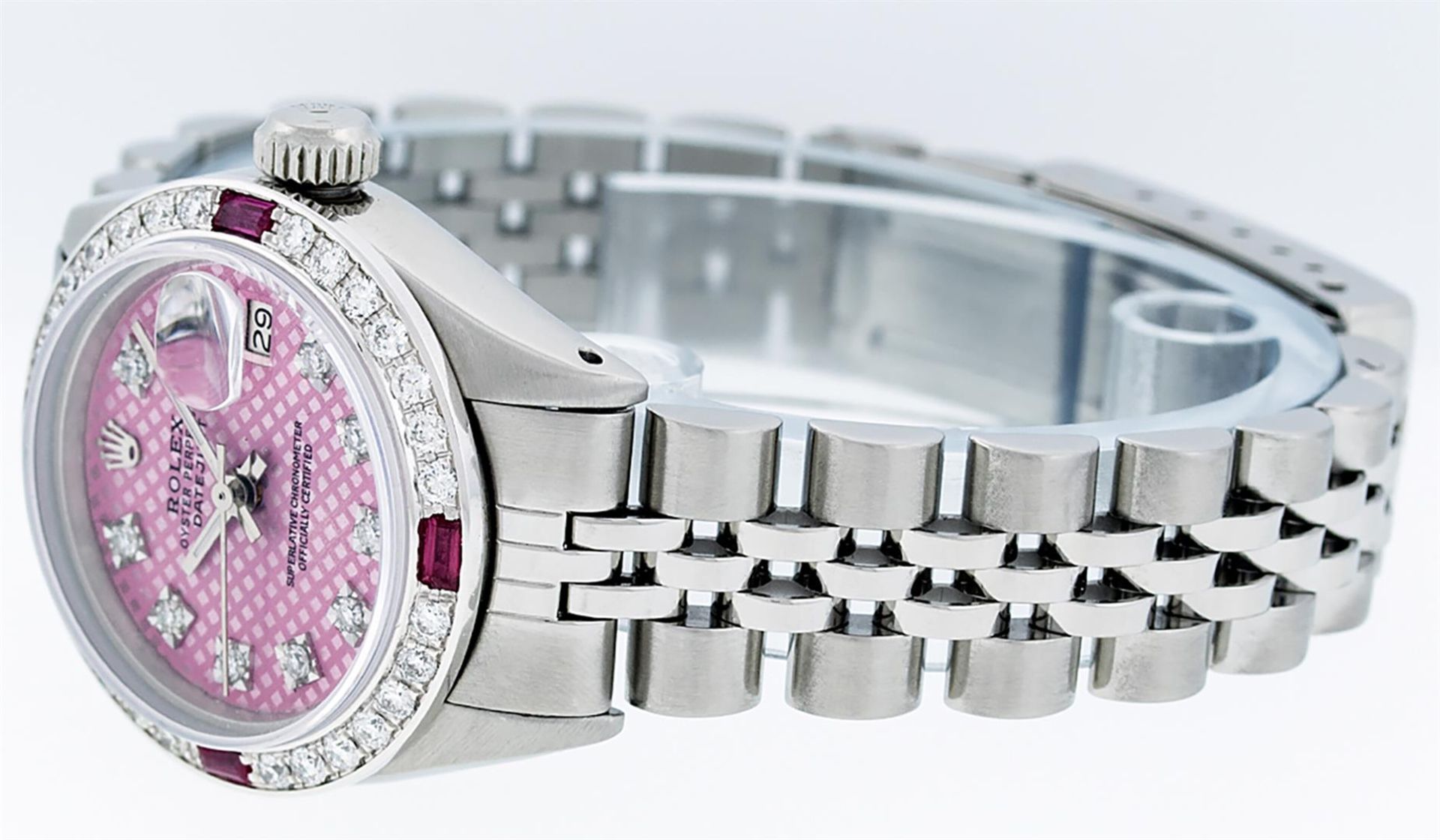 Rolex Ladies Stainless Steel Pink Stamp Diamond & Ruby Datejust Wristwatch - Image 3 of 9