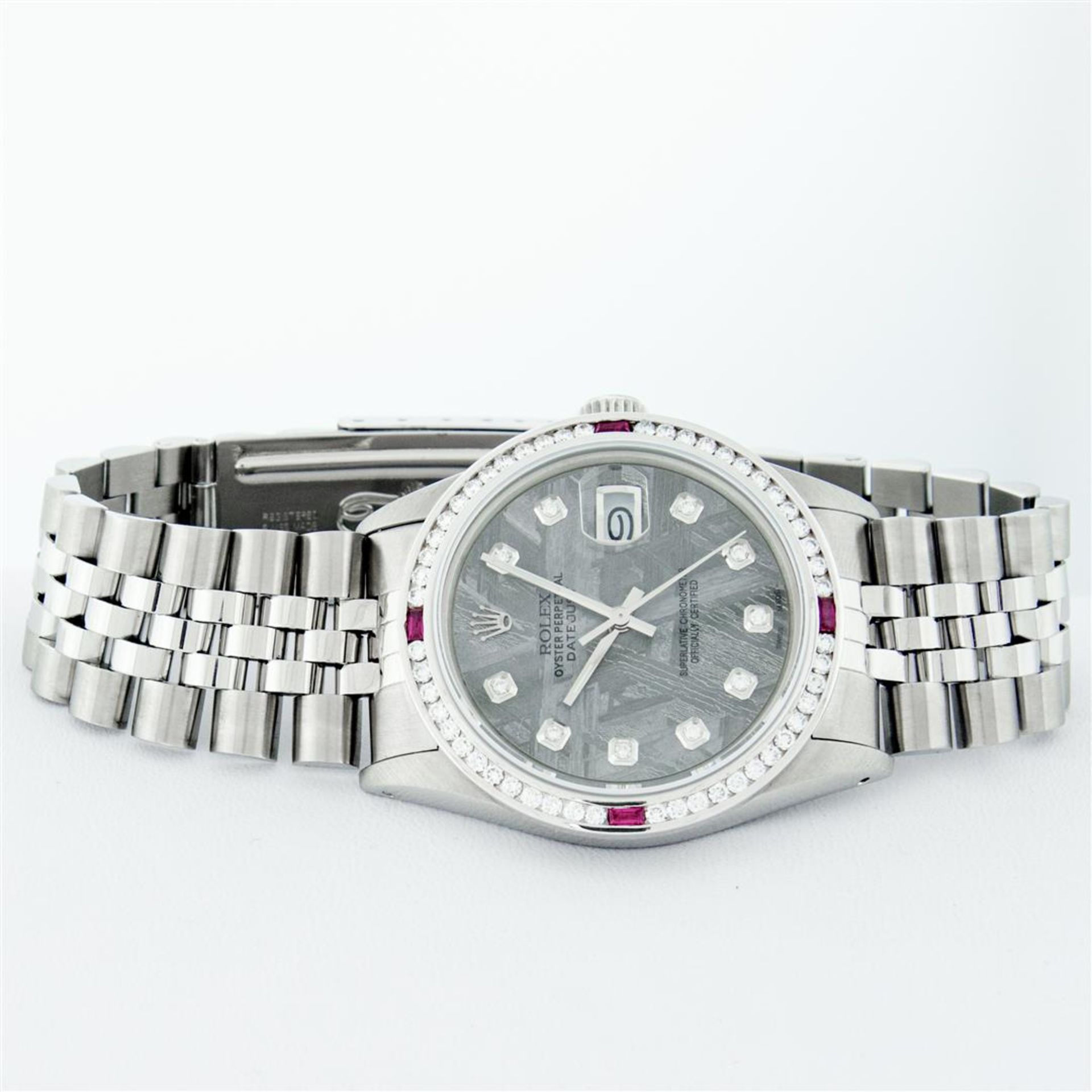 Rolex Mens SS Meteorite Diamond & Ruby Channel Set Oyster Perpetual Datejust Wri - Image 5 of 9