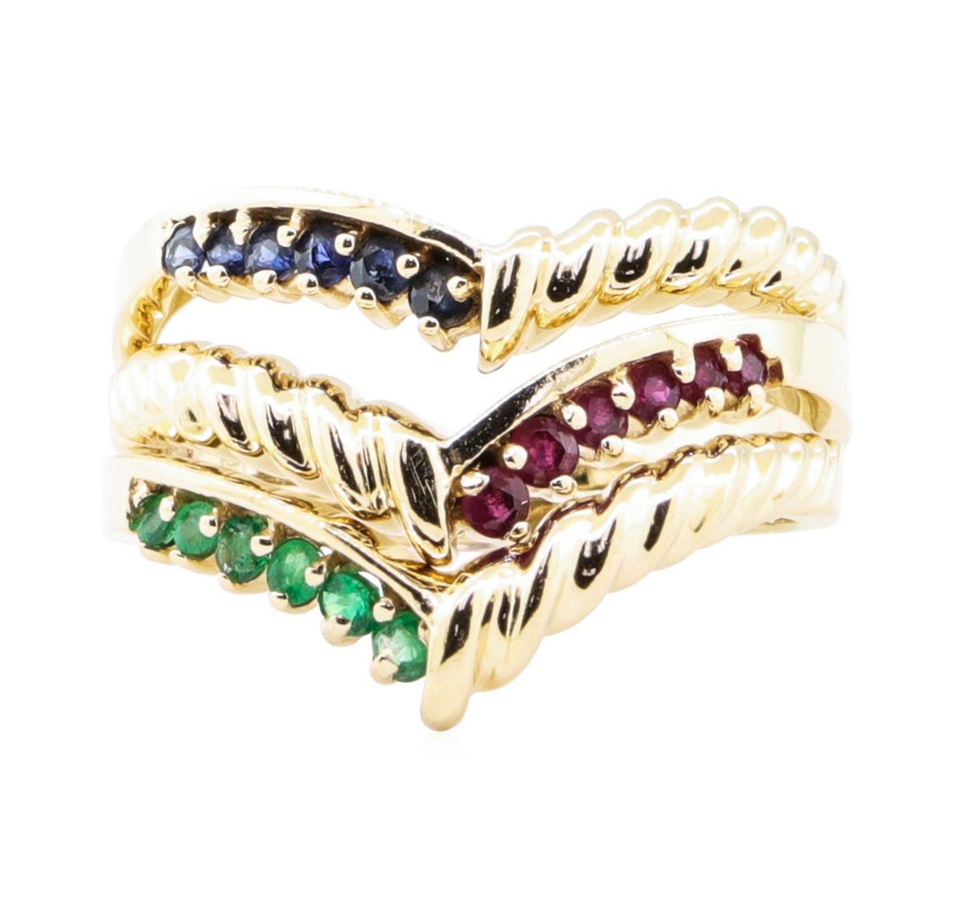 0.60 ctw Emerald, Ruby, and Sapphire Stackable Ring Set of Three - 14KT Yellow G - Image 2 of 3