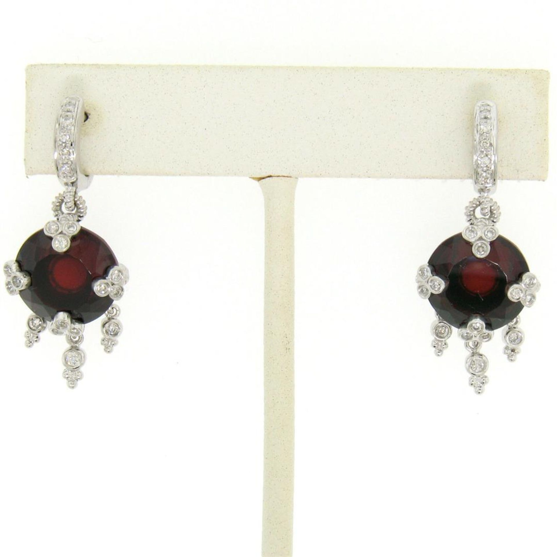 14k White Gold 11.2ctw Round Garnet Dangle Earrings w/ Brilliant Diamond Accents