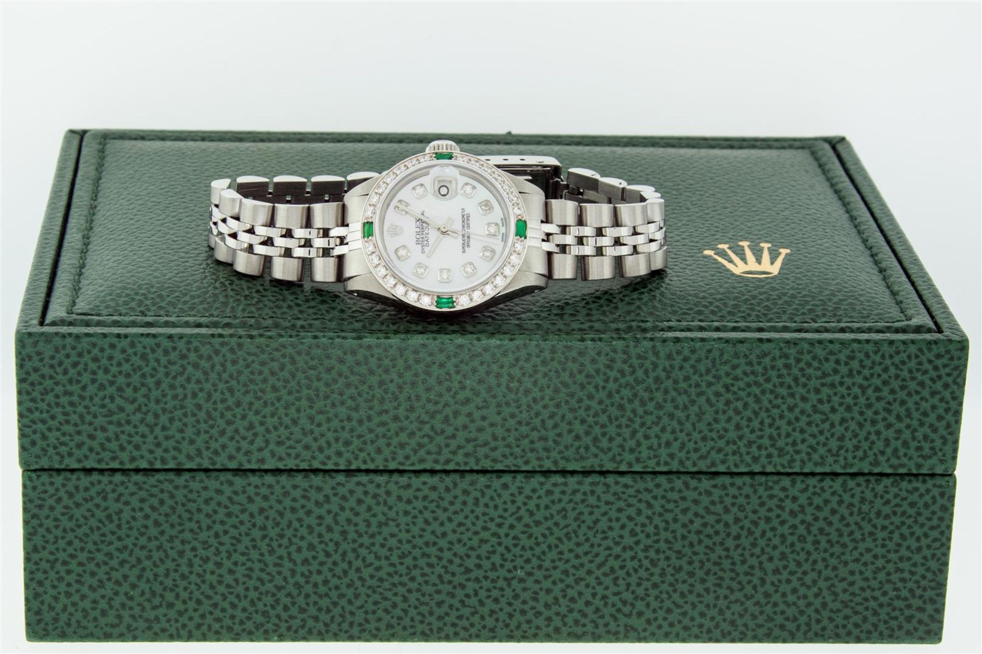 Rolex Ladies Stainless Steel Mother Of Pearl Diamond Emerald 26MM Datejust Wrist - Image 7 of 9