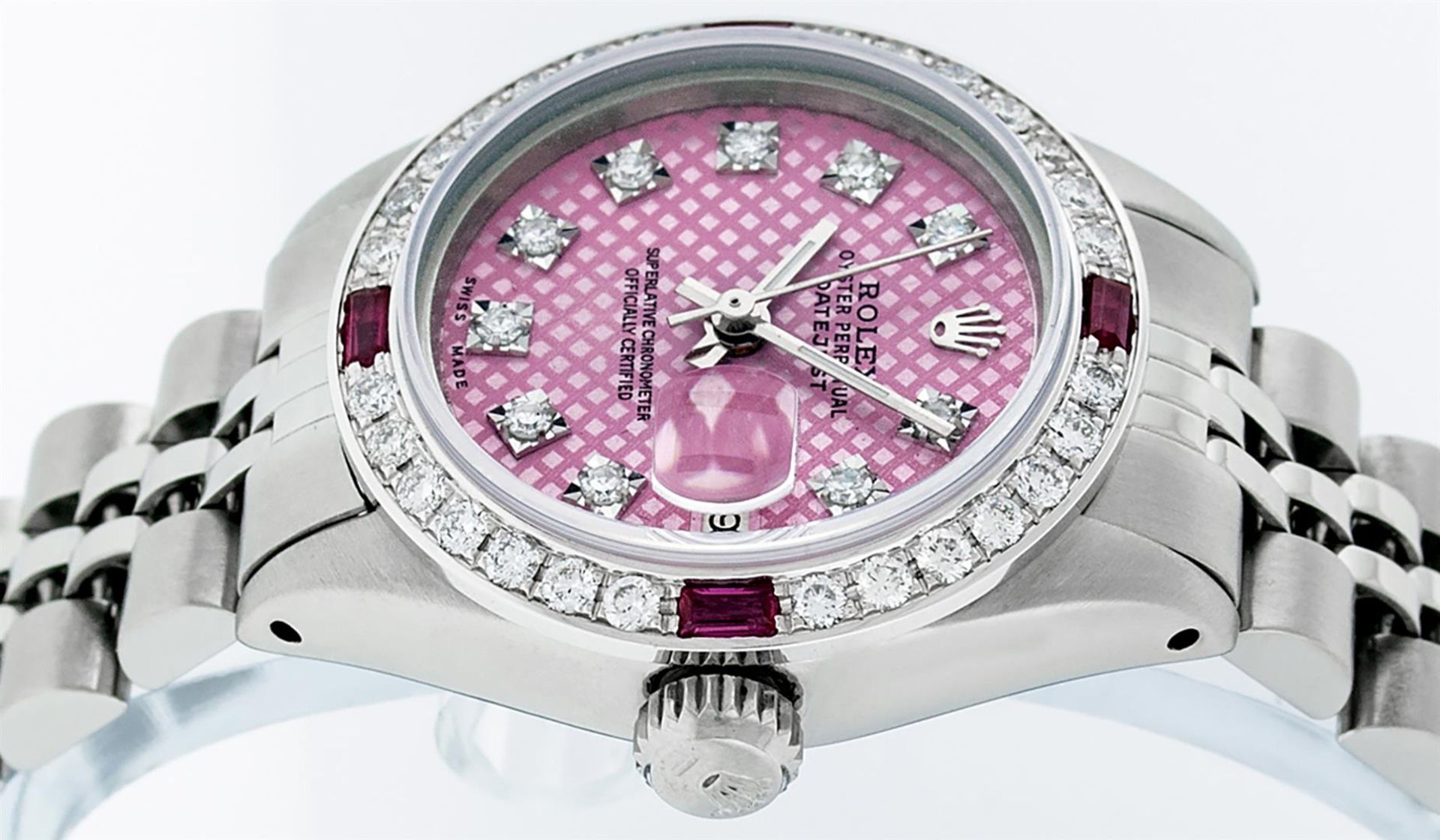 Rolex Ladies Stainless Steel Pink Stamp Diamond & Ruby Datejust Wristwatch - Image 4 of 9