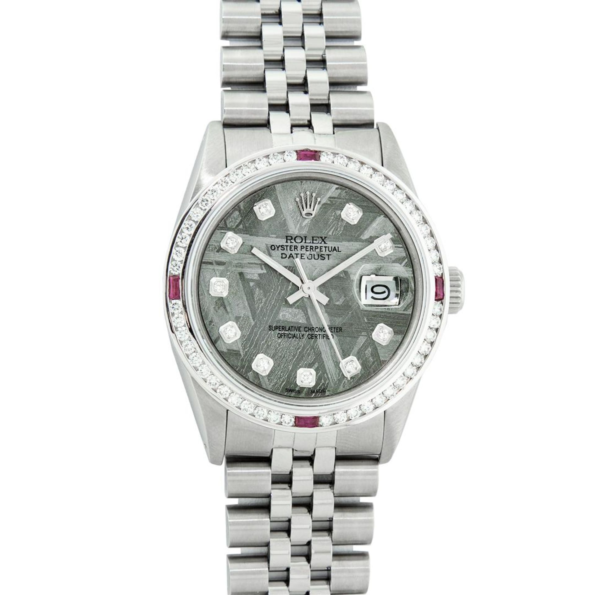 Rolex Mens SS Meteorite Diamond & Ruby Channel Set Oyster Perpetual Datejust Wri - Image 2 of 9