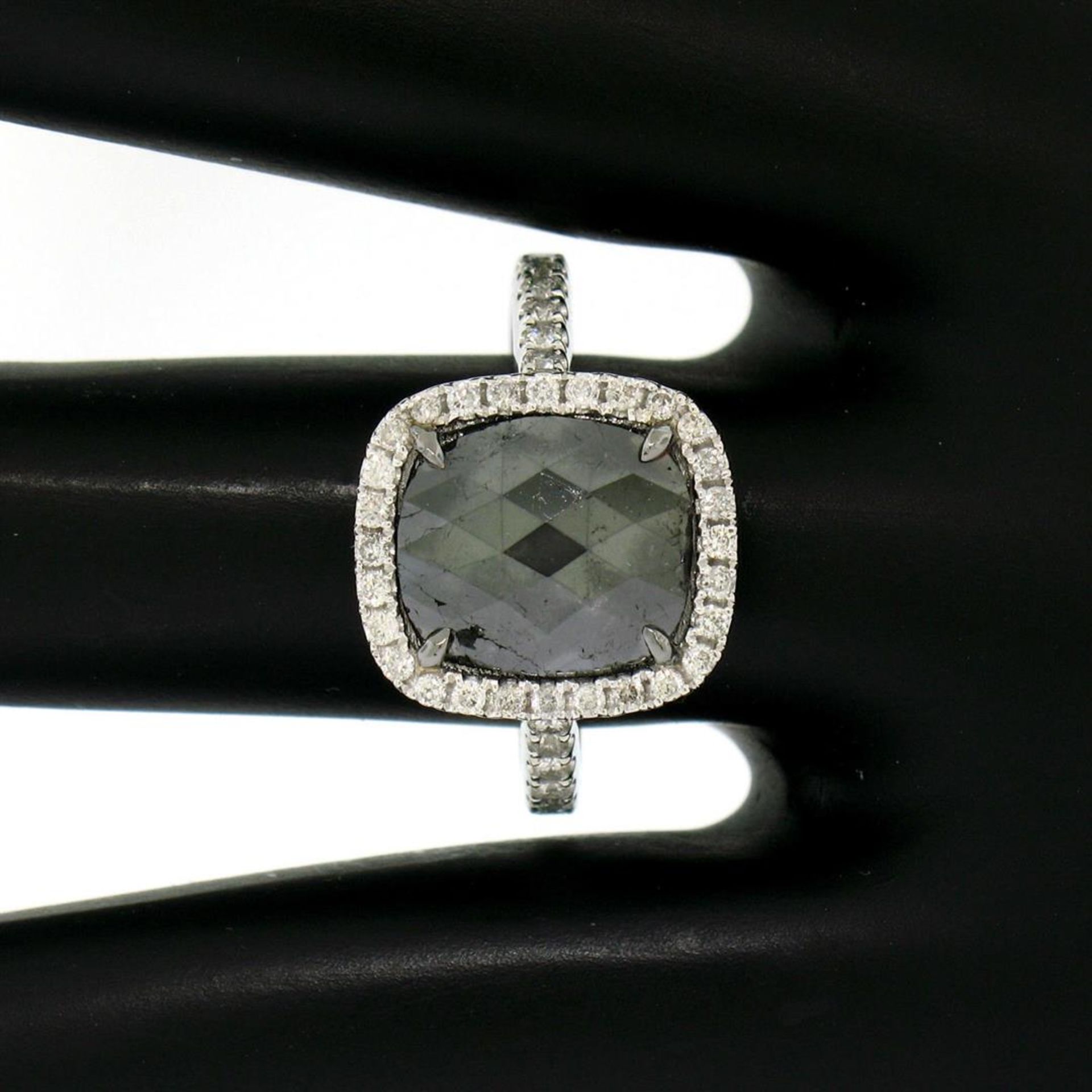 14K White Gold 3.12ctw Checkerboard Cushion Cut Black & White Diamond Halo Ring - Image 6 of 9