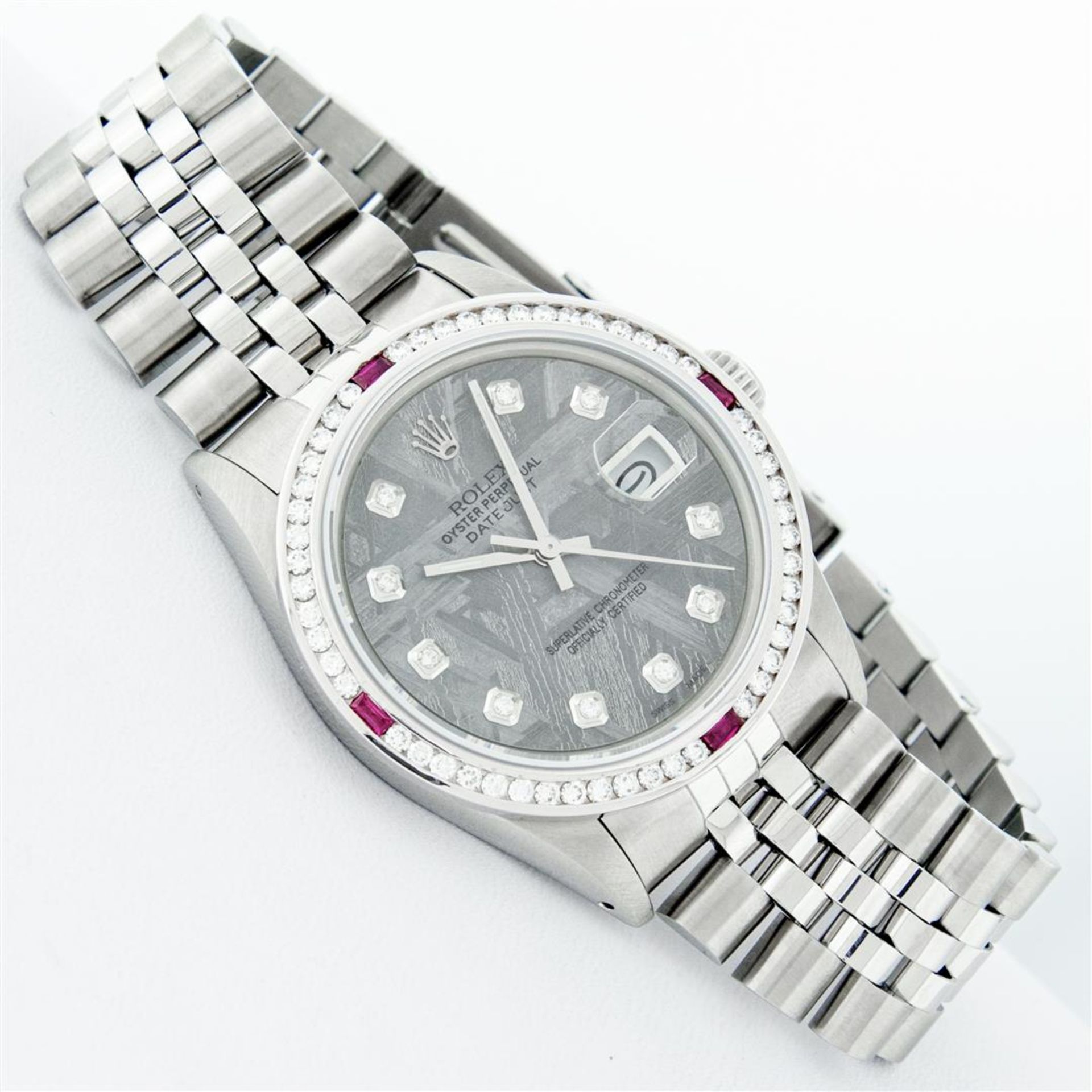 Rolex Mens SS Meteorite Diamond & Ruby Channel Set Oyster Perpetual Datejust Wri - Image 3 of 9