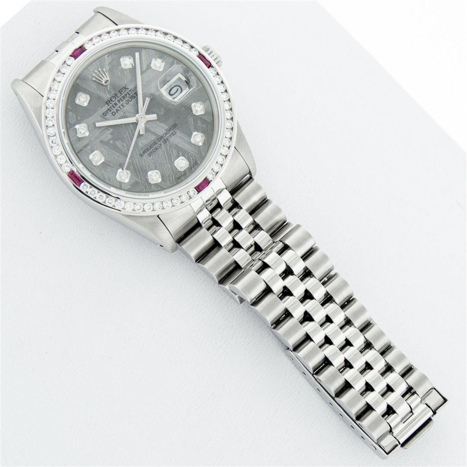 Rolex Mens SS Meteorite Diamond & Ruby Channel Set Oyster Perpetual Datejust Wri - Image 7 of 9