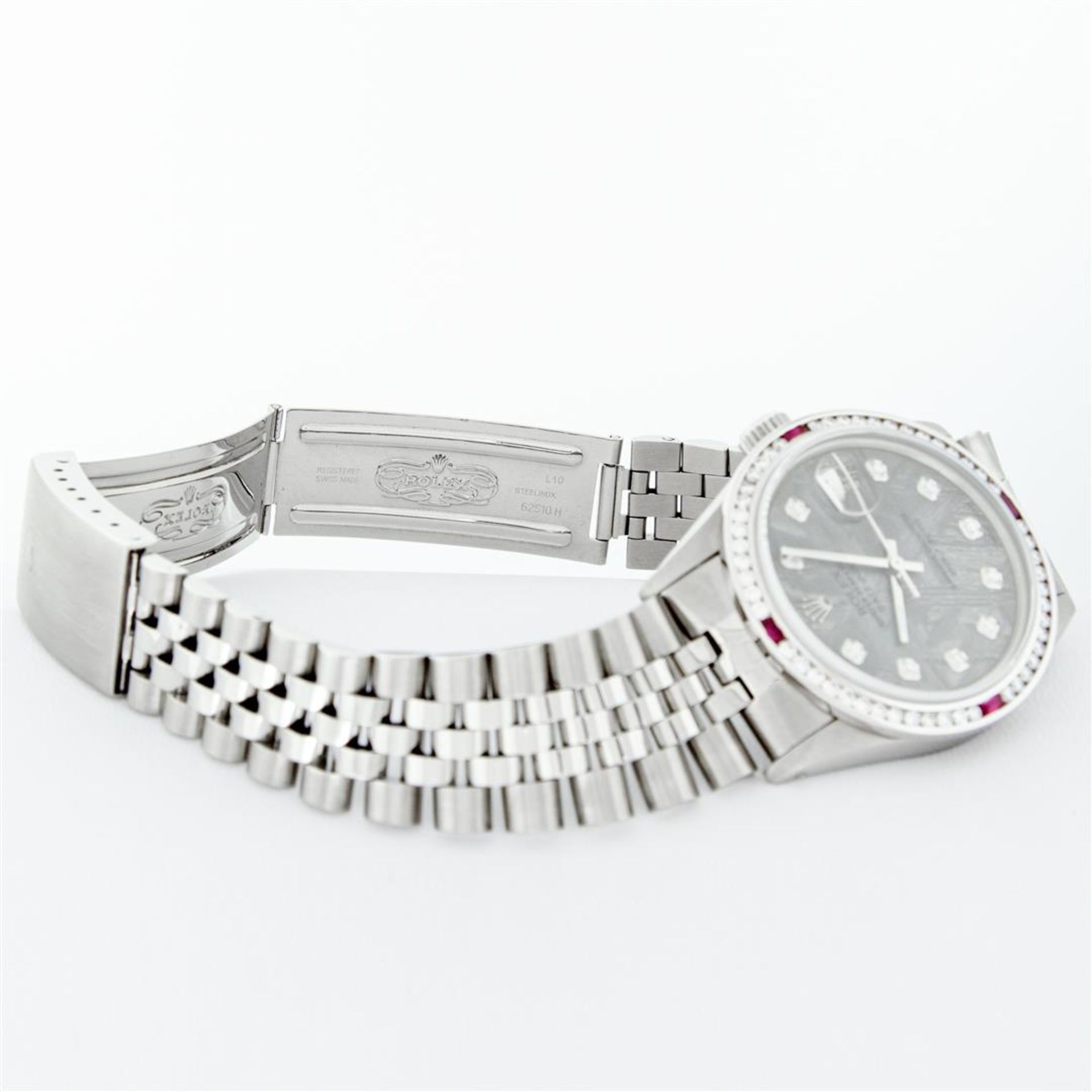 Rolex Mens SS Meteorite Diamond & Ruby Channel Set Oyster Perpetual Datejust Wri - Image 9 of 9