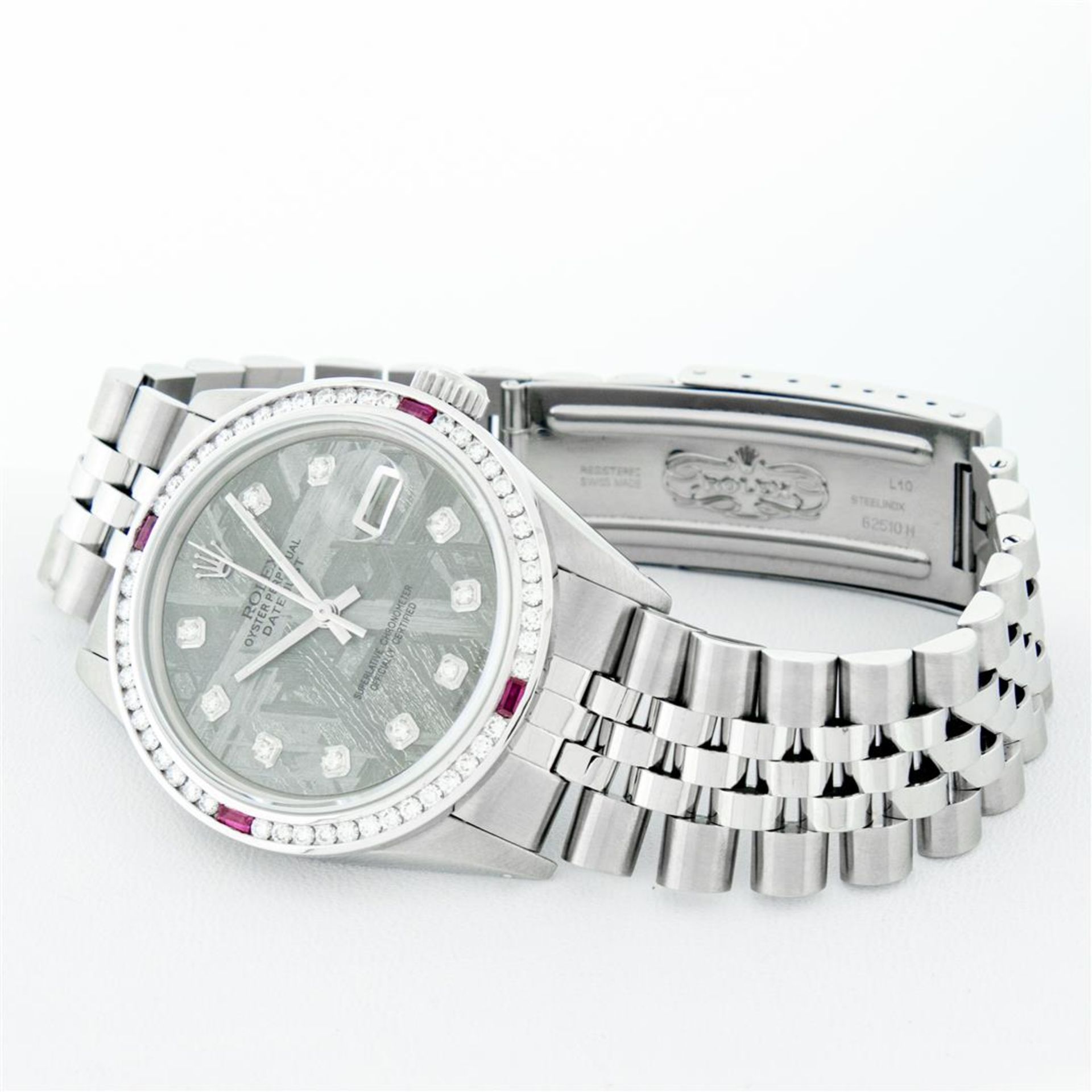 Rolex Mens SS Meteorite Diamond & Ruby Channel Set Oyster Perpetual Datejust Wri - Image 4 of 9