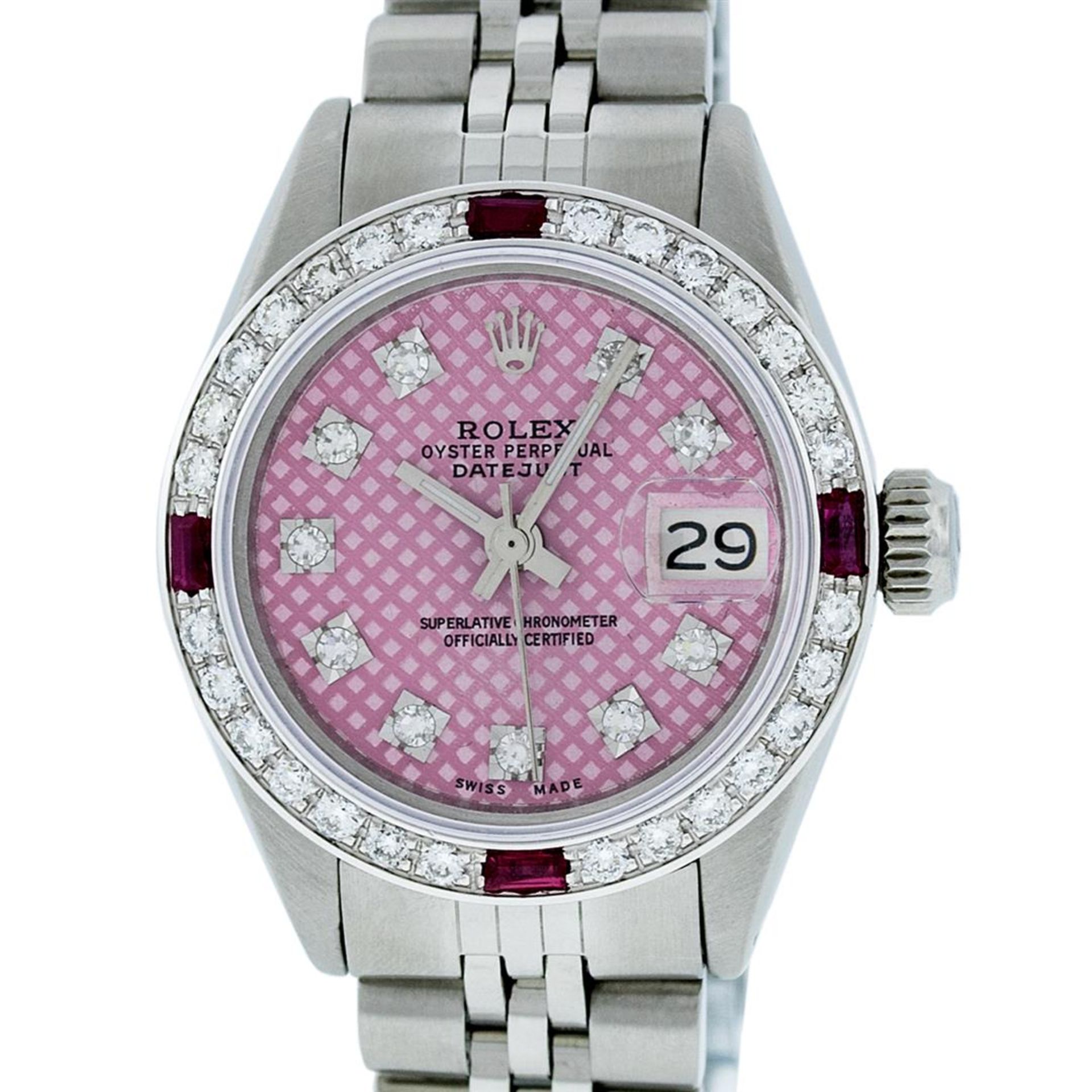 Rolex Ladies Stainless Steel Pink Stamp Diamond & Ruby Datejust Wristwatch